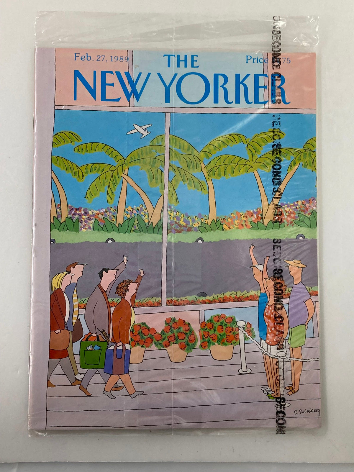Sealed copy of The New Yorker Full Magazine from February 27, 1989, featuring the cover illustration titled 'Tourists' by D. E. VG, depicting a vibrant scene with tourists and palm trees.