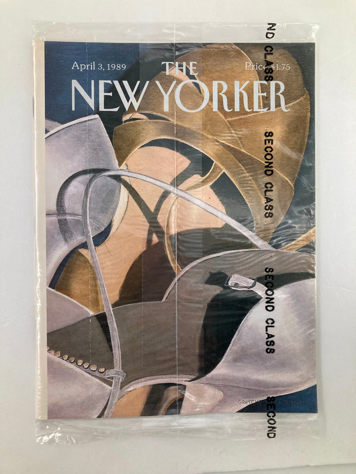 The New Yorker Full Magazine April 3 1989, featuring a gold and silver design cover, sealed in original plastic wrap, showcasing its Very Good Condition as a collectible item.