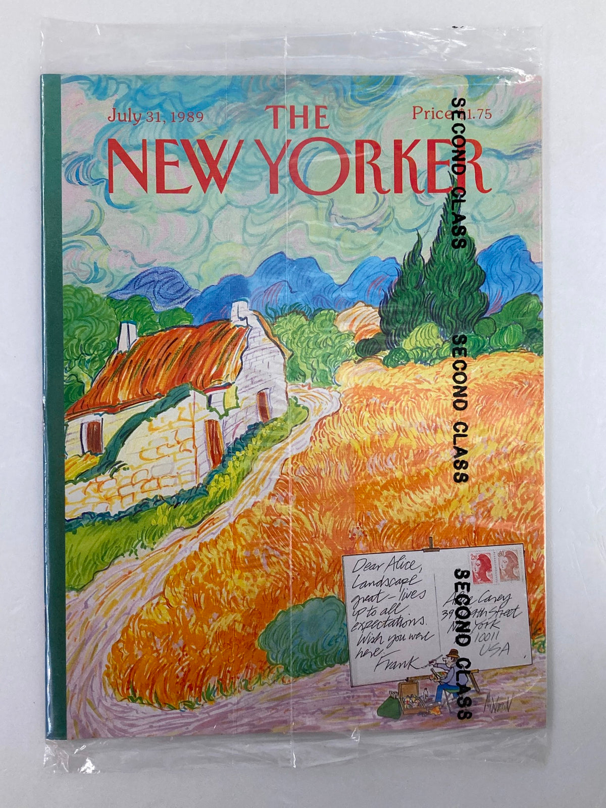 The New Yorker Full Magazine July 31 1989, featuring a vibrant cover illustration of a rural landscape. The magazine is sealed in plastic and includes a postcard with a handwritten note, adding historical significance for collectors.