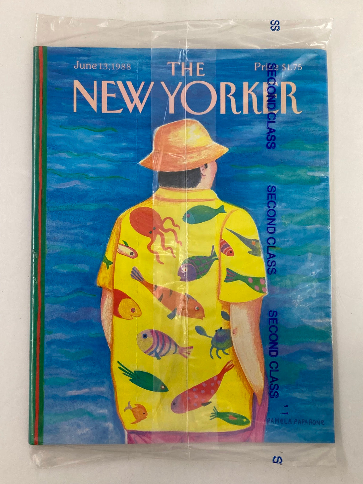 The New Yorker Full Magazine June 13 1988 featuring a colorful cover illustration of a man in a fish suit, sealed in plastic, showcasing its Very Good Condition as a collectible item.