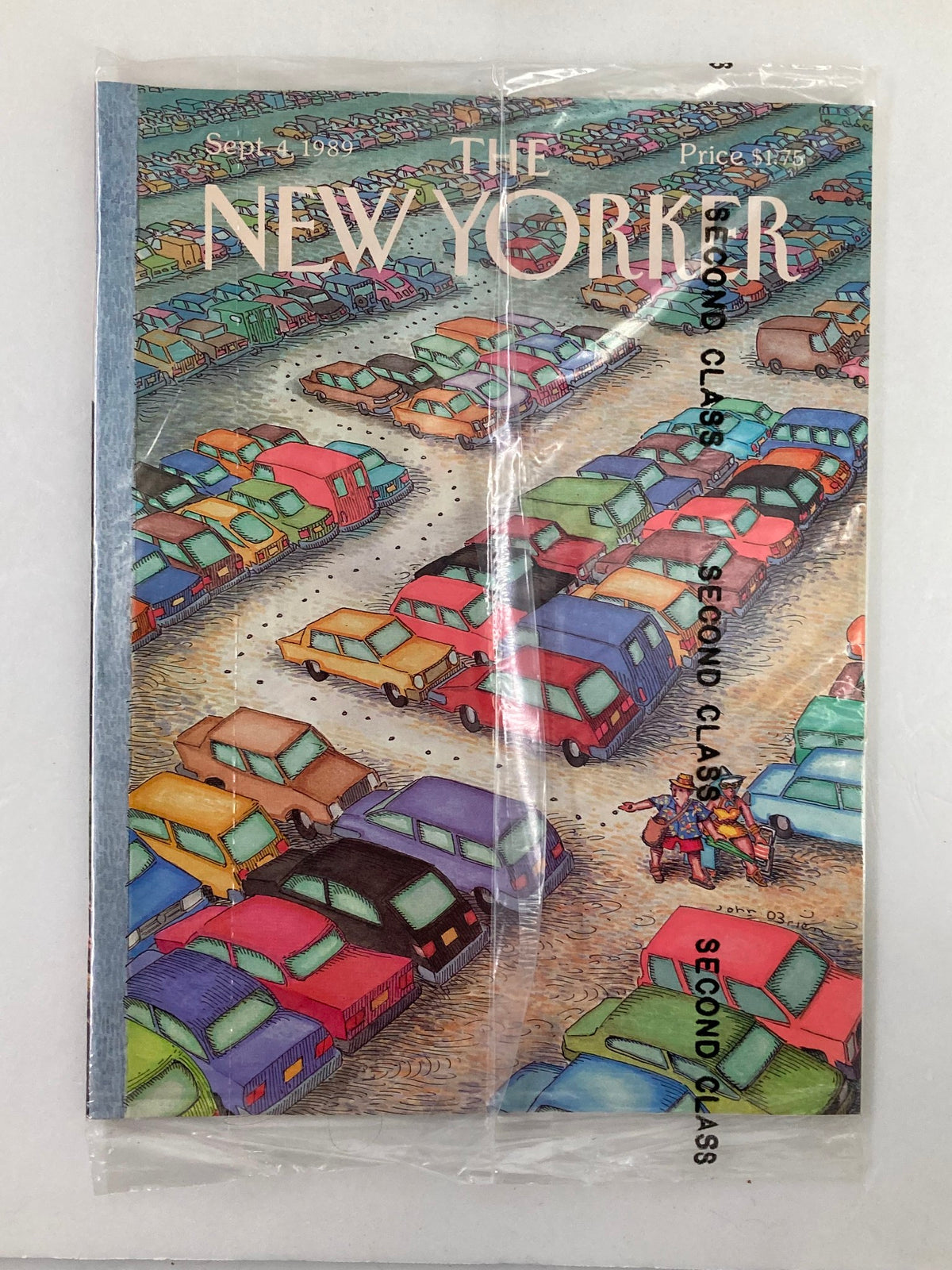 The New Yorker Full Magazine September 4 1989 featuring a colorful illustration of cars in a parking lot, sealed in original plastic wrap for preservation.