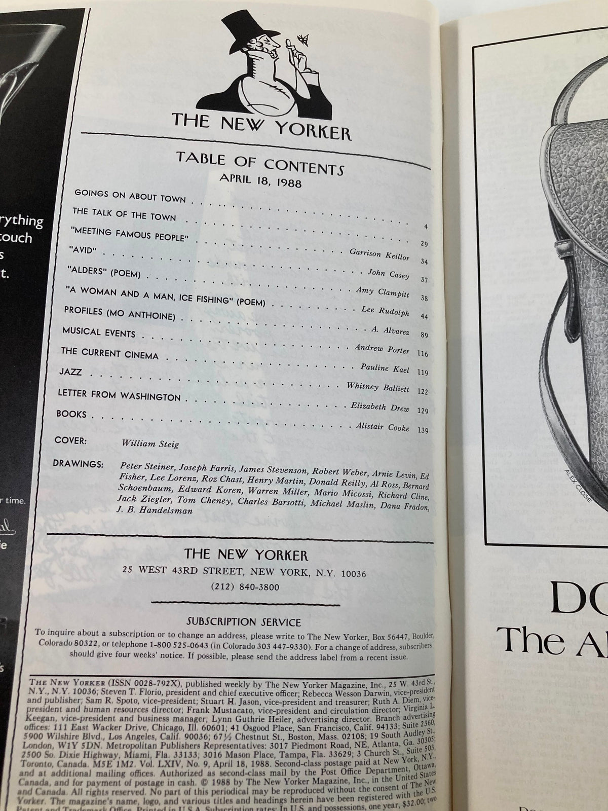 Table of contents page from The New Yorker Full Magazine April 18, 1988, showcasing articles and illustrations featured in that issue.