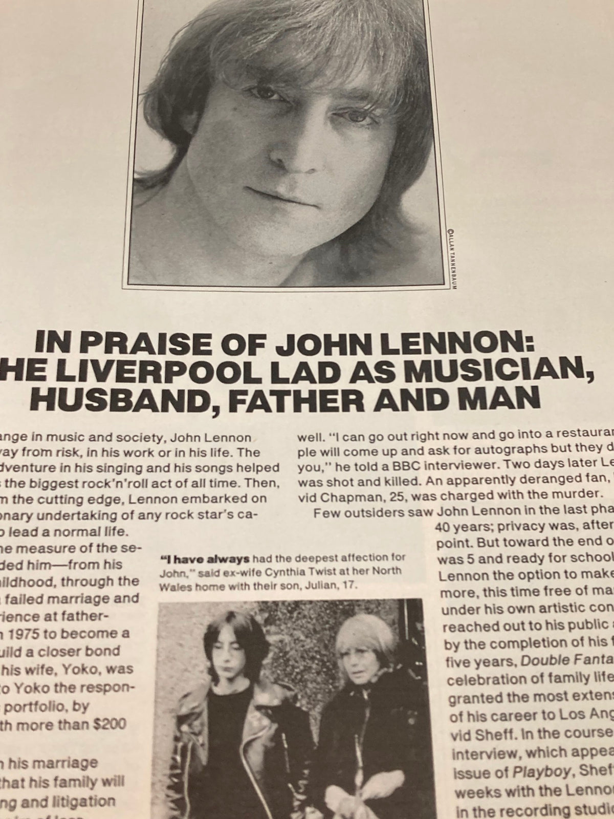 Article excerpt from VTG People Weekly Magazine December 22 1980 featuring a portrait of John Lennon, discussing his life and contributions as a musician and cultural figure.