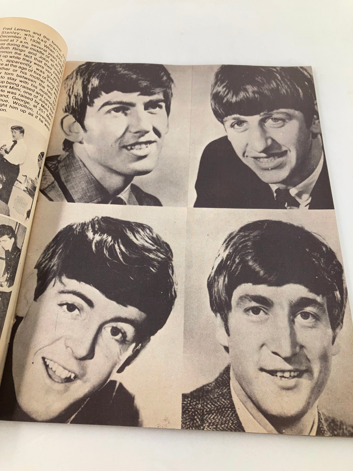 Inside pages of the VTG Winter 1980 John Lennon Tribute The Beatles Collector's Issue highlighting four iconic photographs of The Beatles members including George Harrison, Paul McCartney, John Lennon, and Ringo Starr.