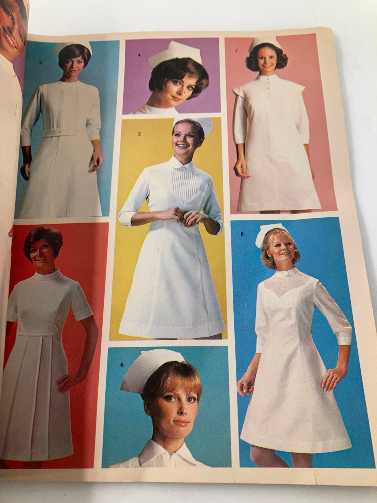 Inside page of the VTG Bencone Spring - Summer 1972 Catalog displaying a variety of stylish nurse uniforms and smocks, illustrating fashion trends of the 1970s.