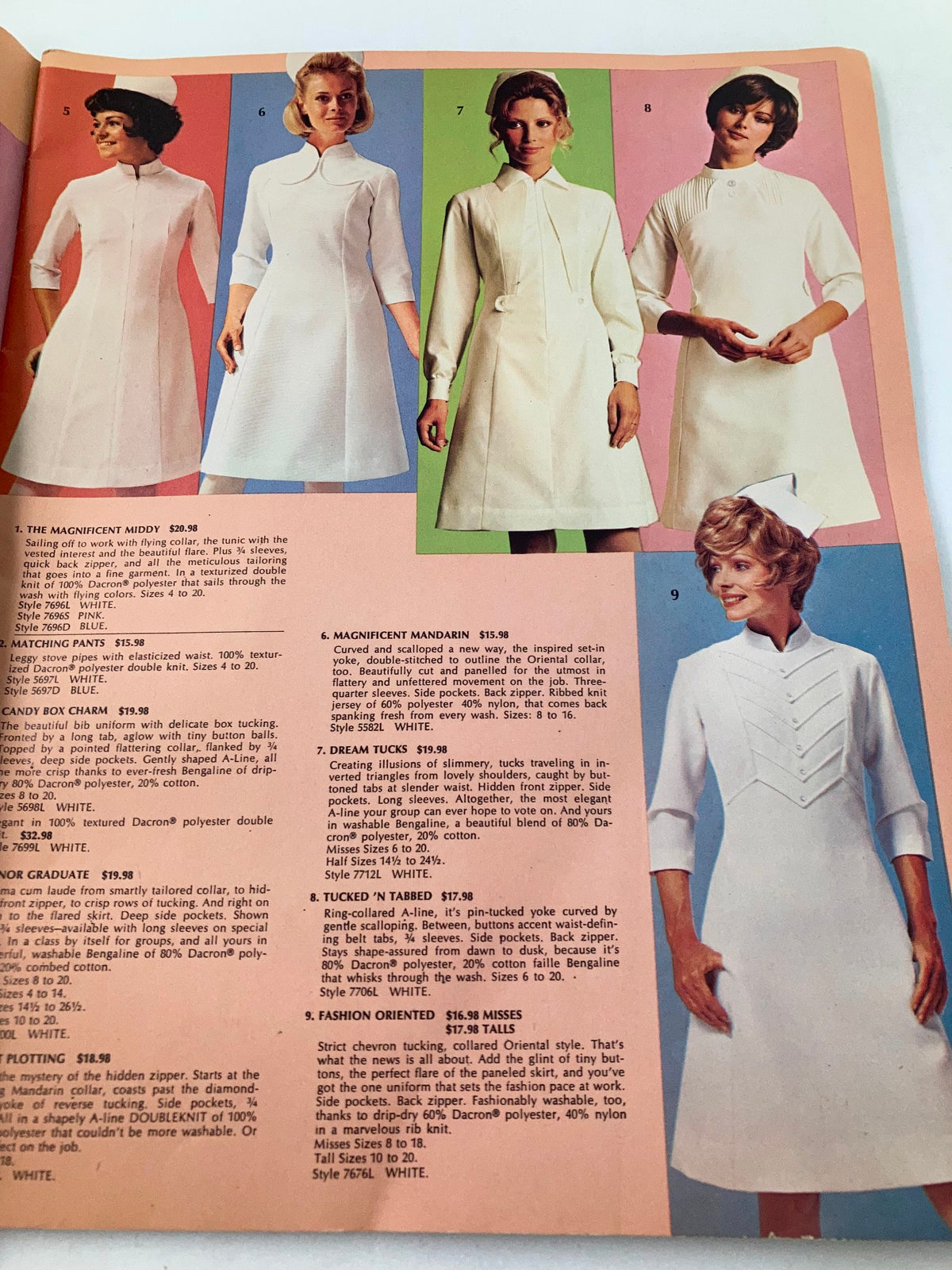 Another inside page of the VTG Bencone Spring - Summer 1972 Catalog featuring detailed descriptions of elegant nurse dresses and pantsuits reflective of the period's style.