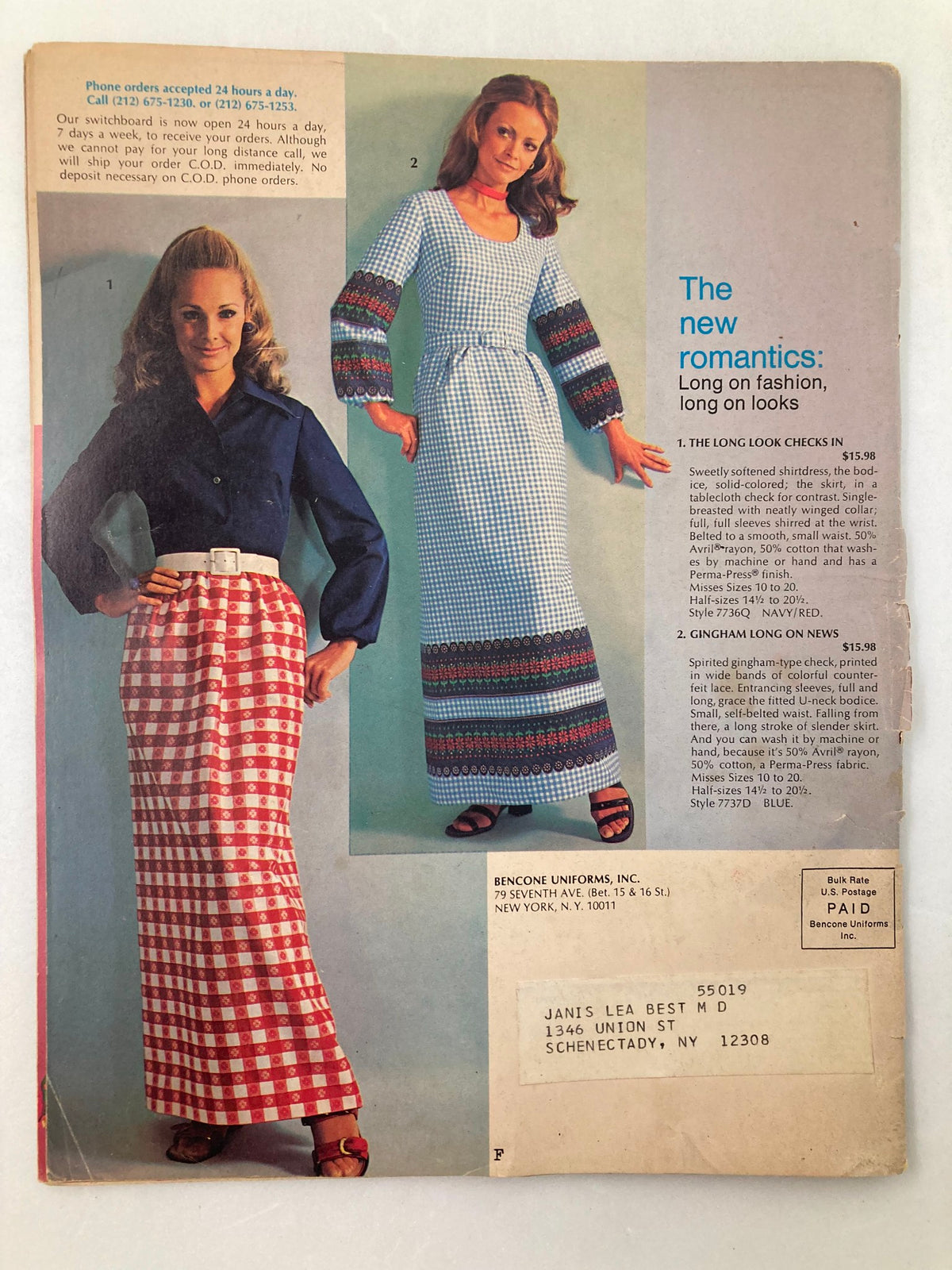 Bencone Spring - Summer 1972 Catalog featuring vintage fashion styles, including a stylish long dress with patterned sleeves and a classic blue shirt paired with a red checkered maxi skirt.