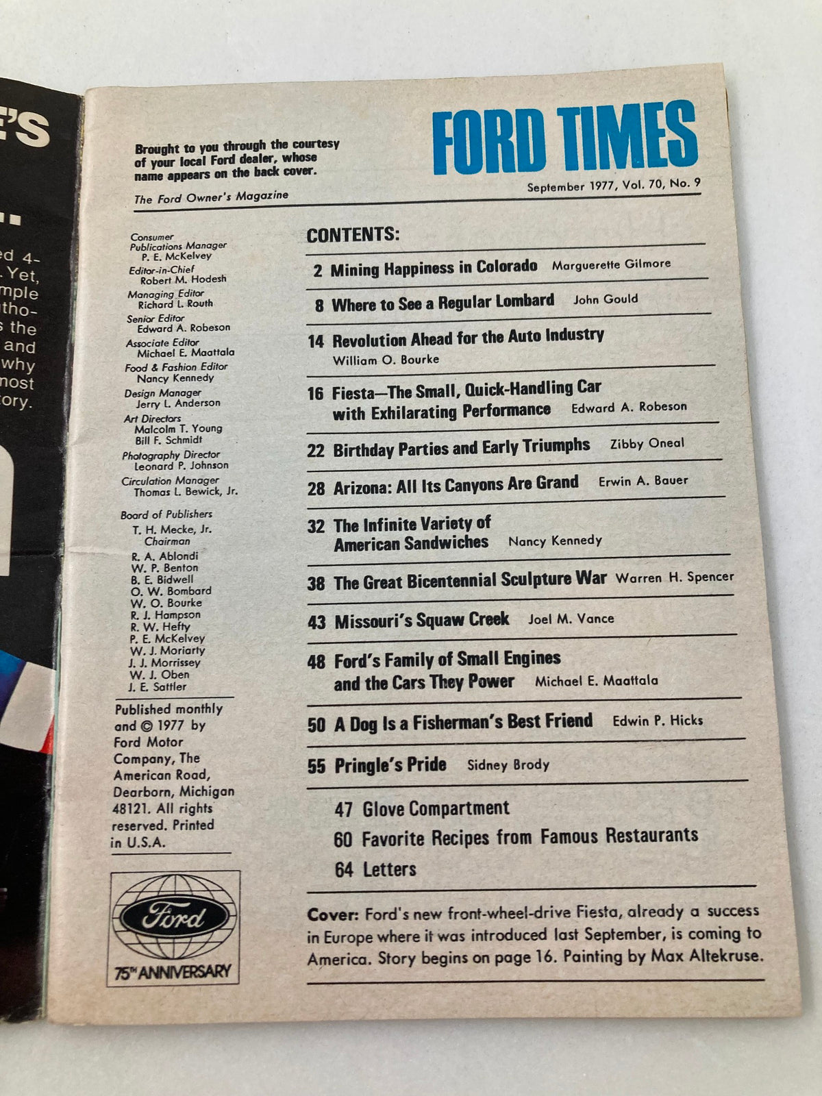 Table of contents from VTG Ford Times Magazine September 1977, listing articles including 'Fiesta – The Small, Quick-Handing Car' and various features about the automotive culture of the 1970s.