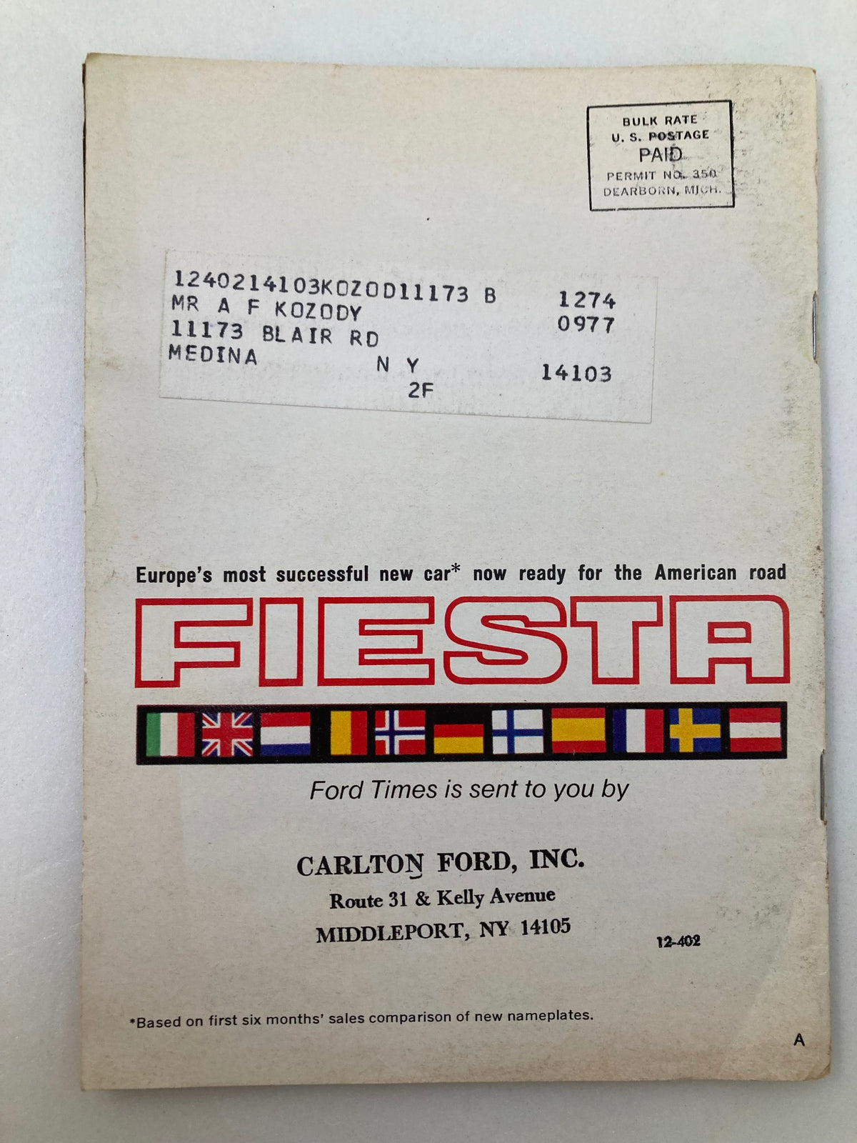 Back cover of VTG Ford Times Magazine September 1977 displaying a promotional message for the Ford Fiesta, noting it as Europe's most successful new car ready for the American road.