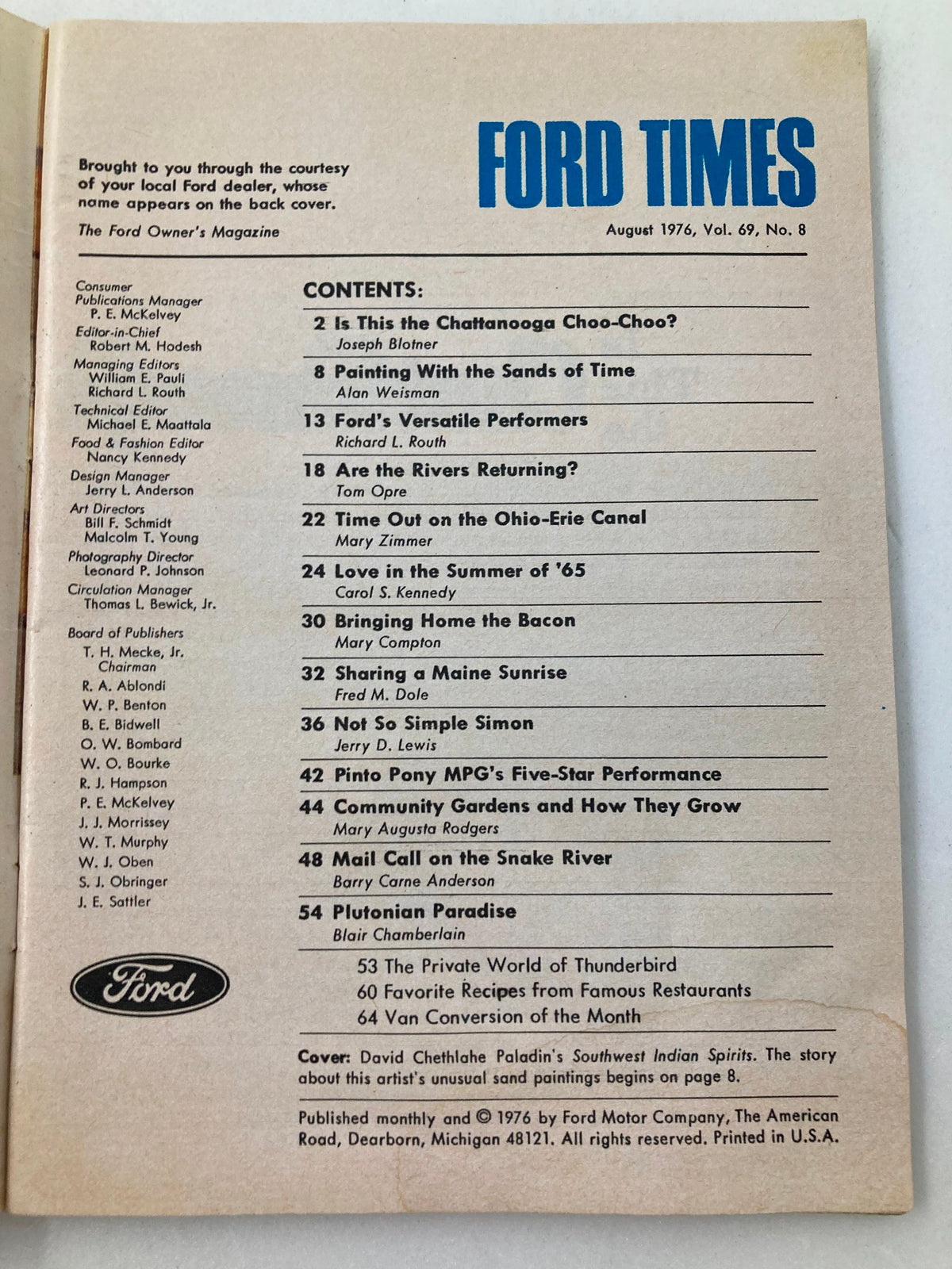 Inside page of VTG Ford Times Magazine August 1976, Volume 69, Issue #8 featuring the table of contents, showcasing articles like 'Painting with the Sands of Time' and more.