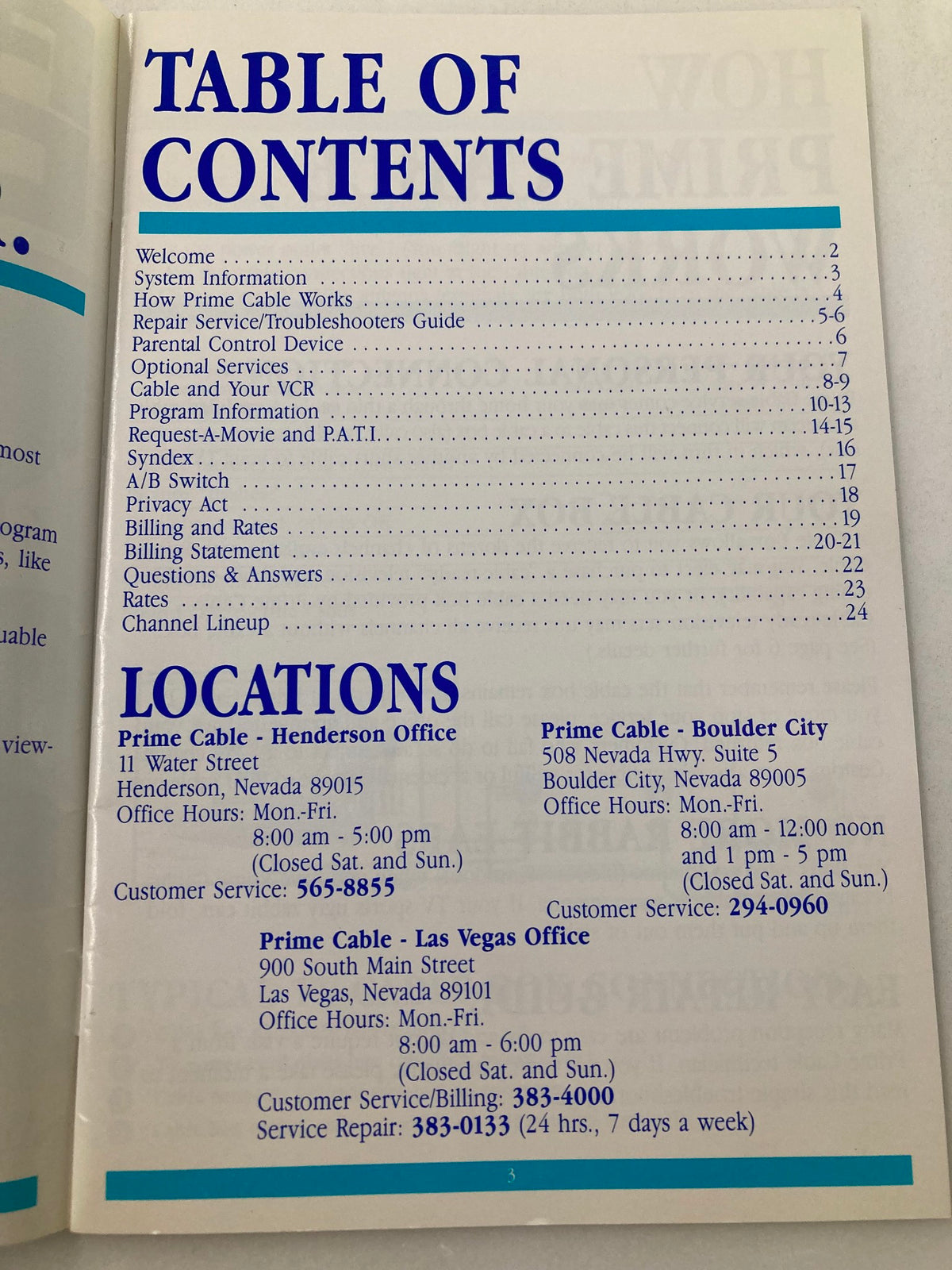 Table of Contents page from the 'Prime Cable Television Handbook Easy Reference Guide for Customers Tom Hanks', featuring sections on customer service, locations, and programming details.