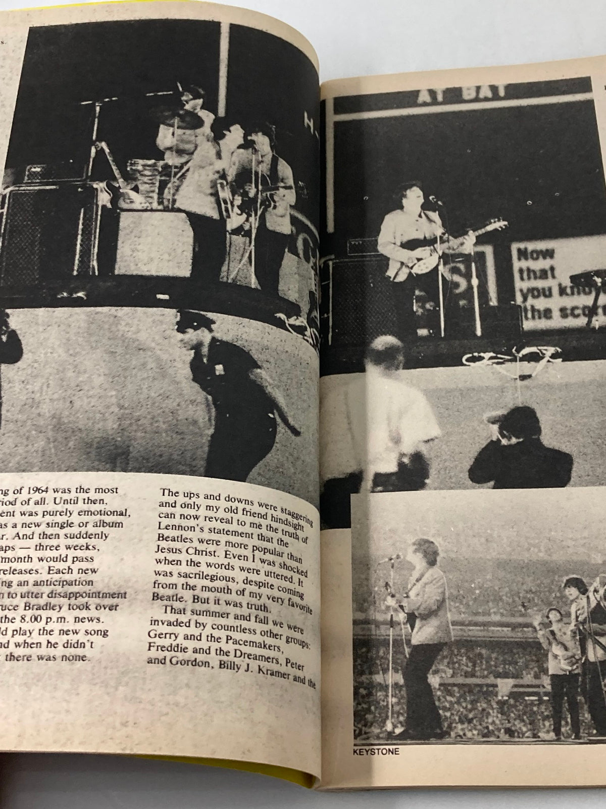 Historical performance images from the 1981 The Beatles' John Lennon 1940-1980 A Memorial Album depicting the band during a live stage performance.