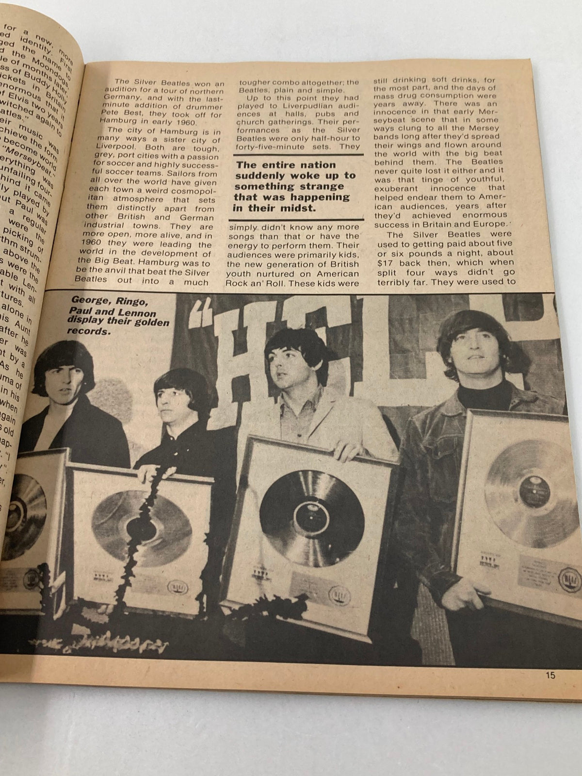 1970s Black and White Photo of Beatles Members Holding Their Gold Records in the 1981 John Lennon Beatles Memory Book, A Tribute to The Fab Four.