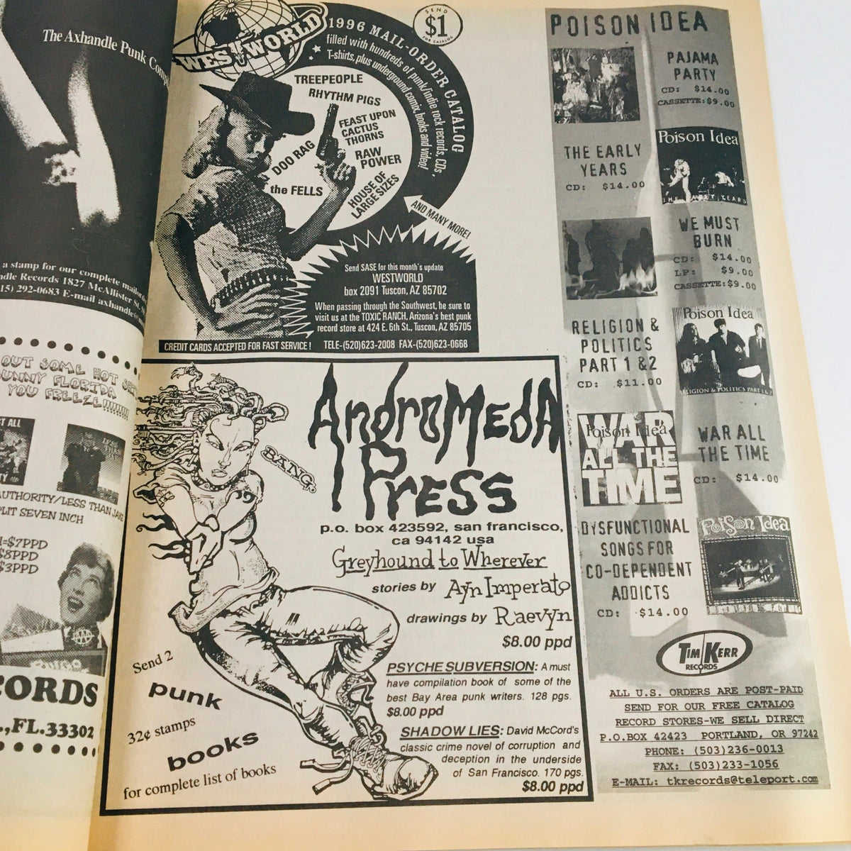 Another inside page of Maximum RocknRoll Magazine February 1996 #153 showcasing various advertisements related to punk culture, including book promotions from Anromeda Press.