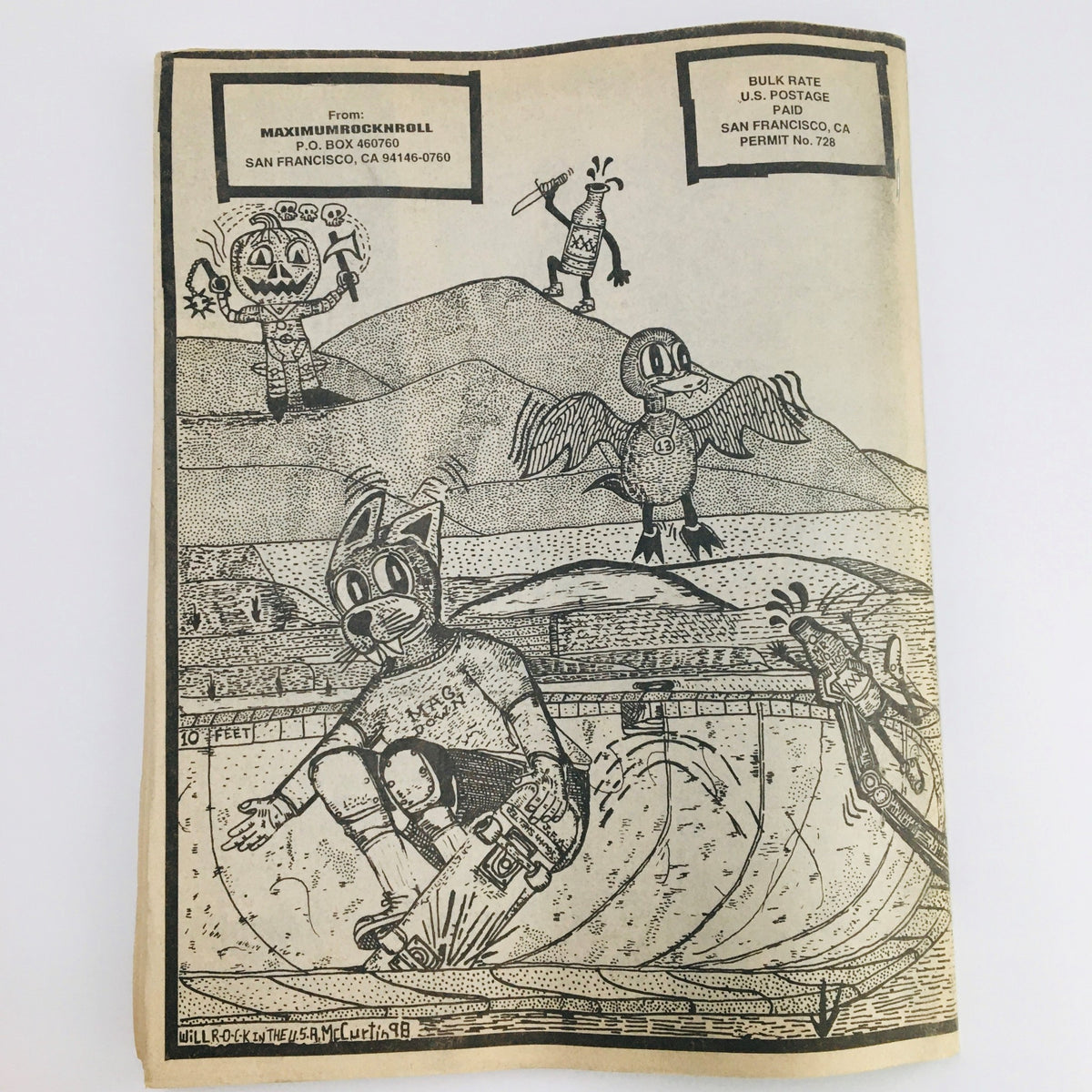 Cover illustration of Maximum RocknRoll Magazine October 1998 #185, featuring playful cartoon characters in a skateboarding scene.