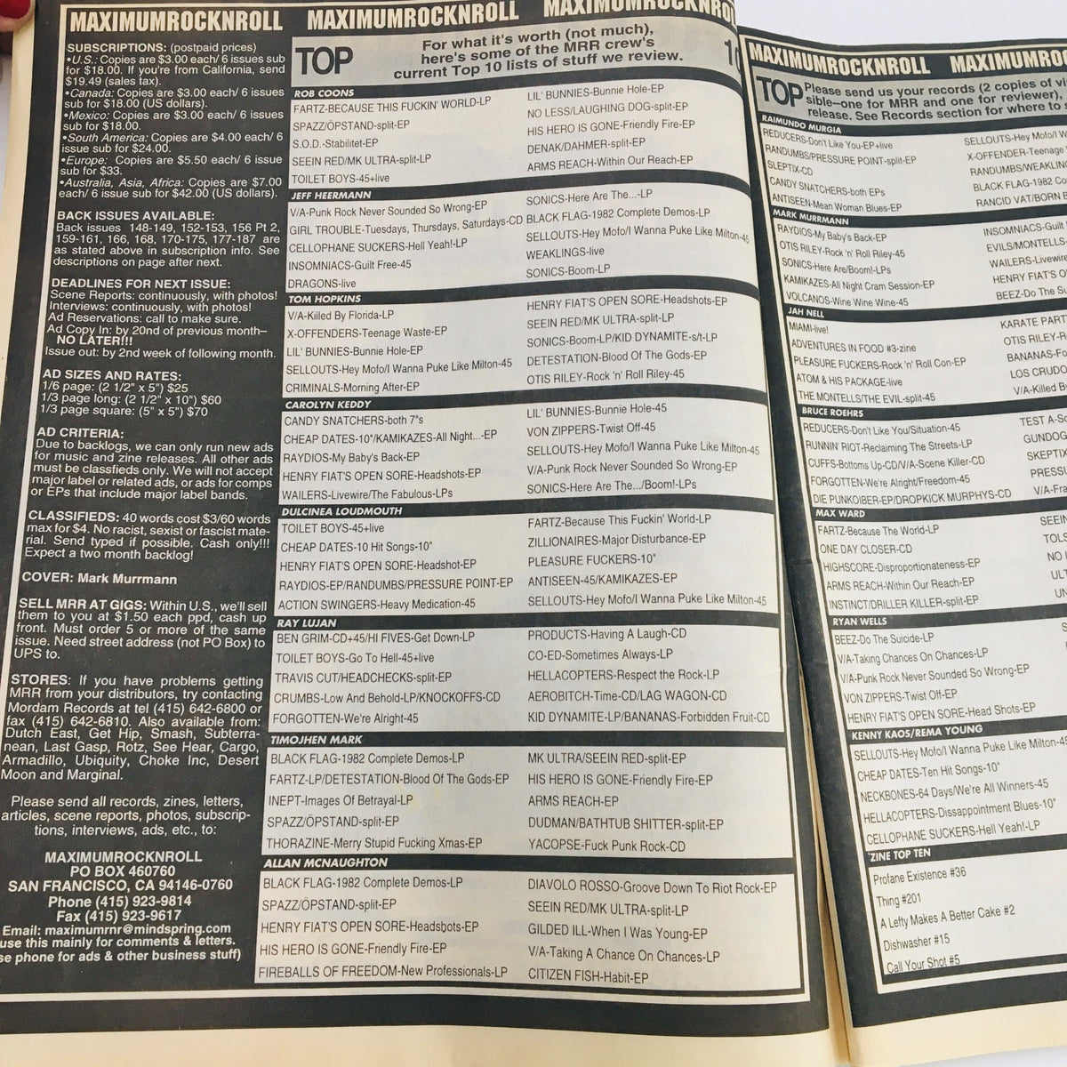 Inside spread of Maximum RocknRoll Magazine January 1999 #188 showing music reviews and advertisements related to punk rock, highlighting the contributors and listings from the underground music scene.