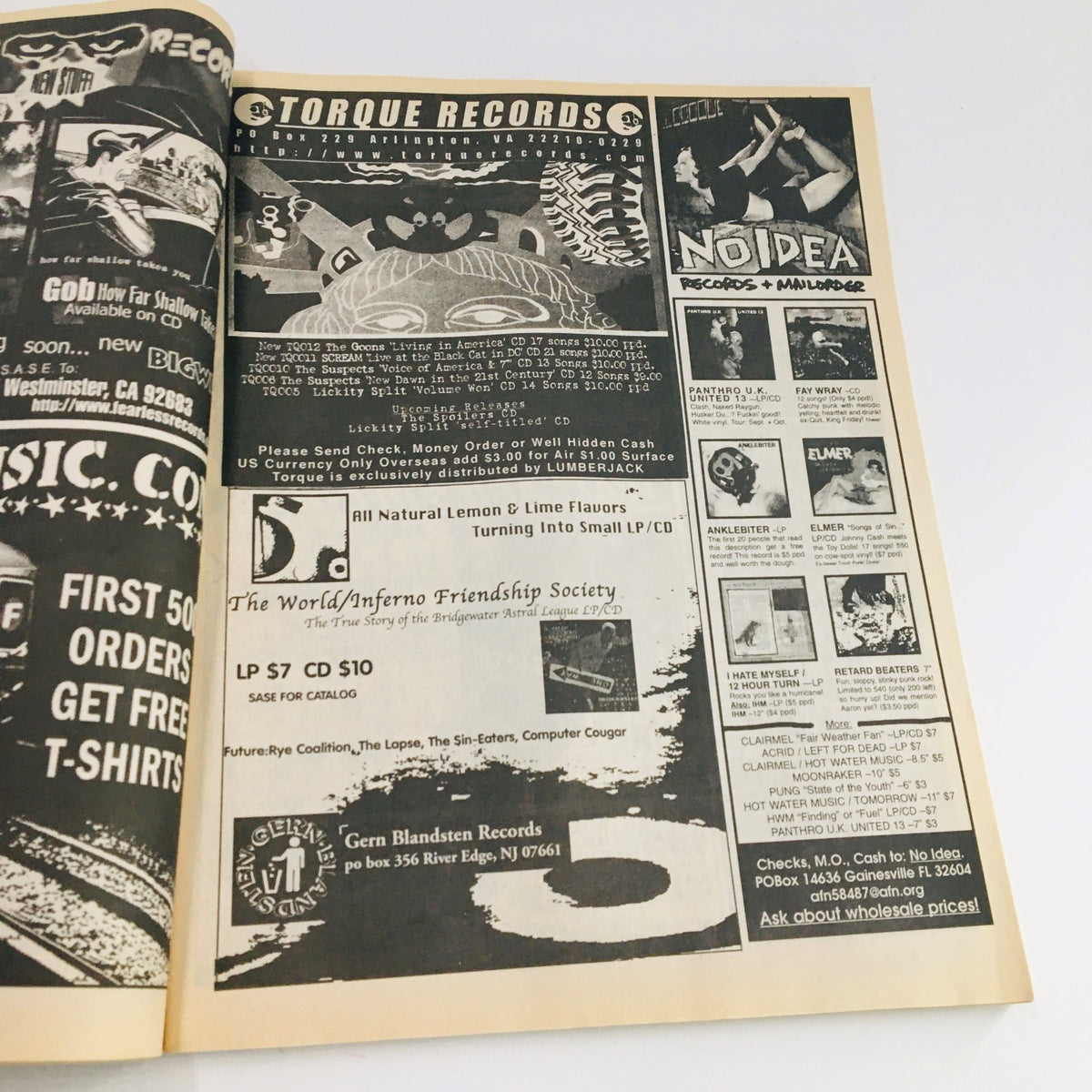 Advertisement page from Maximum RocknRoll Magazine January 1999 #188 featuring promotions for Torque Records and No Idea Records, showcasing punk rock albums and related merchandise.