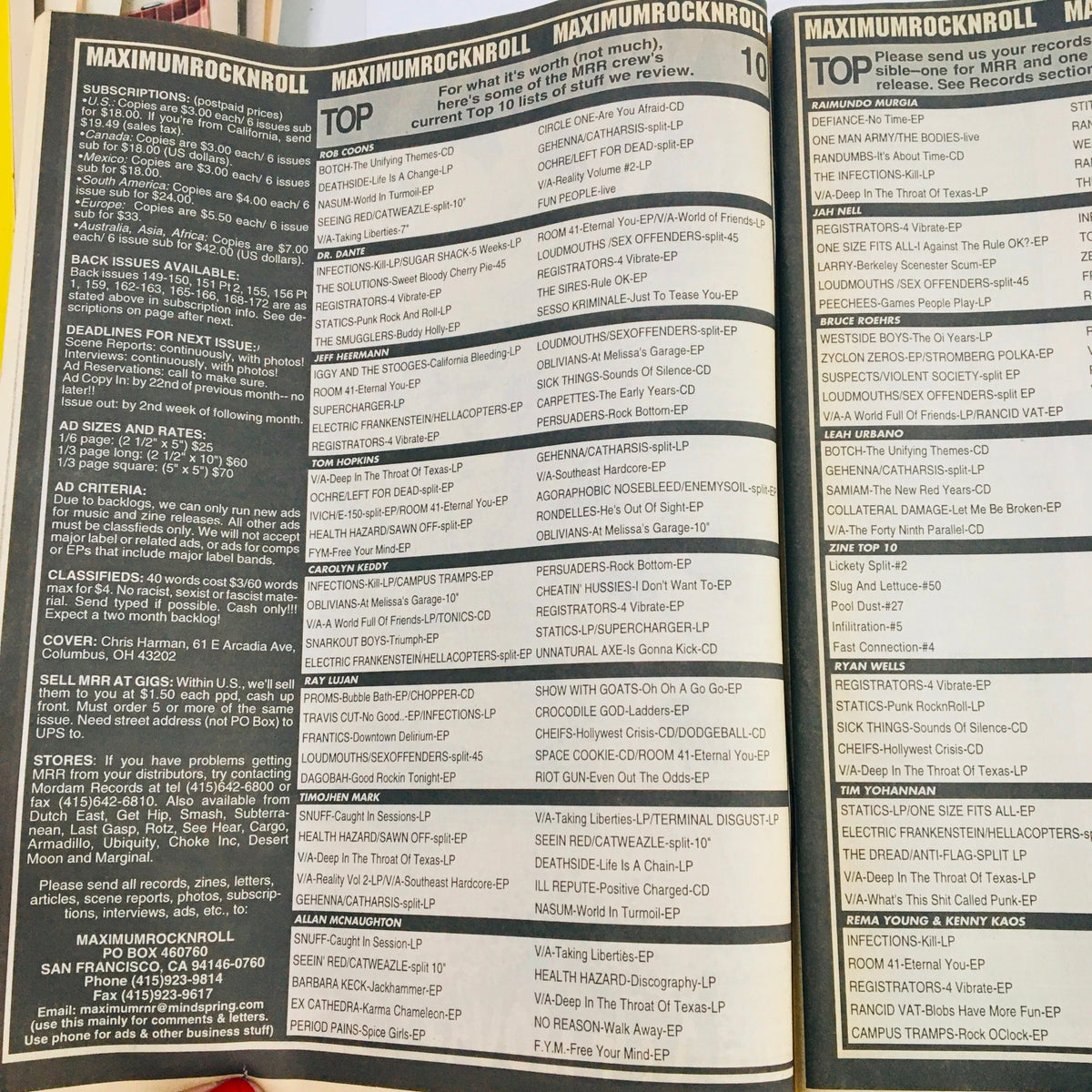 Page inside Maximum RocknRoll Magazine November 1997 Issue #174 featuring a list of top music recordings, highlighting punk and underground bands.