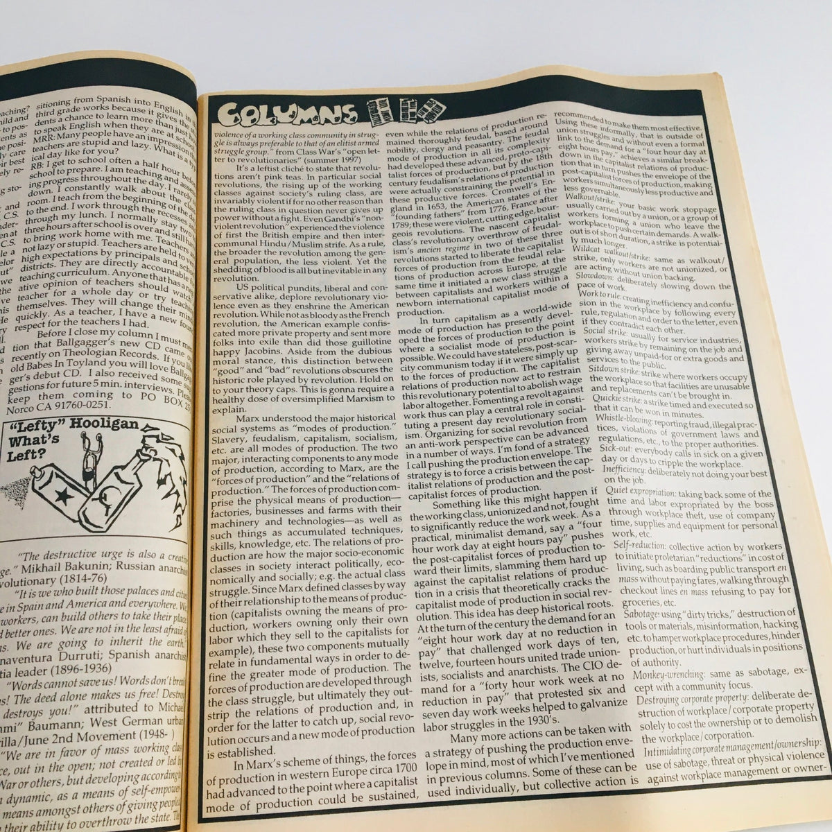 Column page from Maximum RocknRoll Magazine November 1997 Issue #174 discussing social theories related to production and worker action in a punk context.