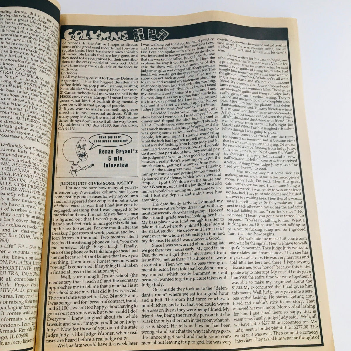 Interior page from Maximum RocknRoll Magazine February 1998 #177 featuring an article titled 'Judge Judy Gives Some Justice' with text discussing interviews and anecdotes from the punk scene.