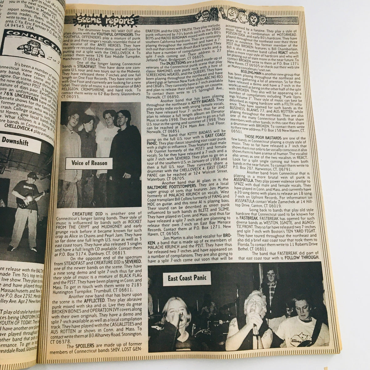 Scene reports from Maximum RocknRoll Magazine February 1998 #177 showcasing photos and reviews of punk bands including Voice of Reason and East Coast Panic.