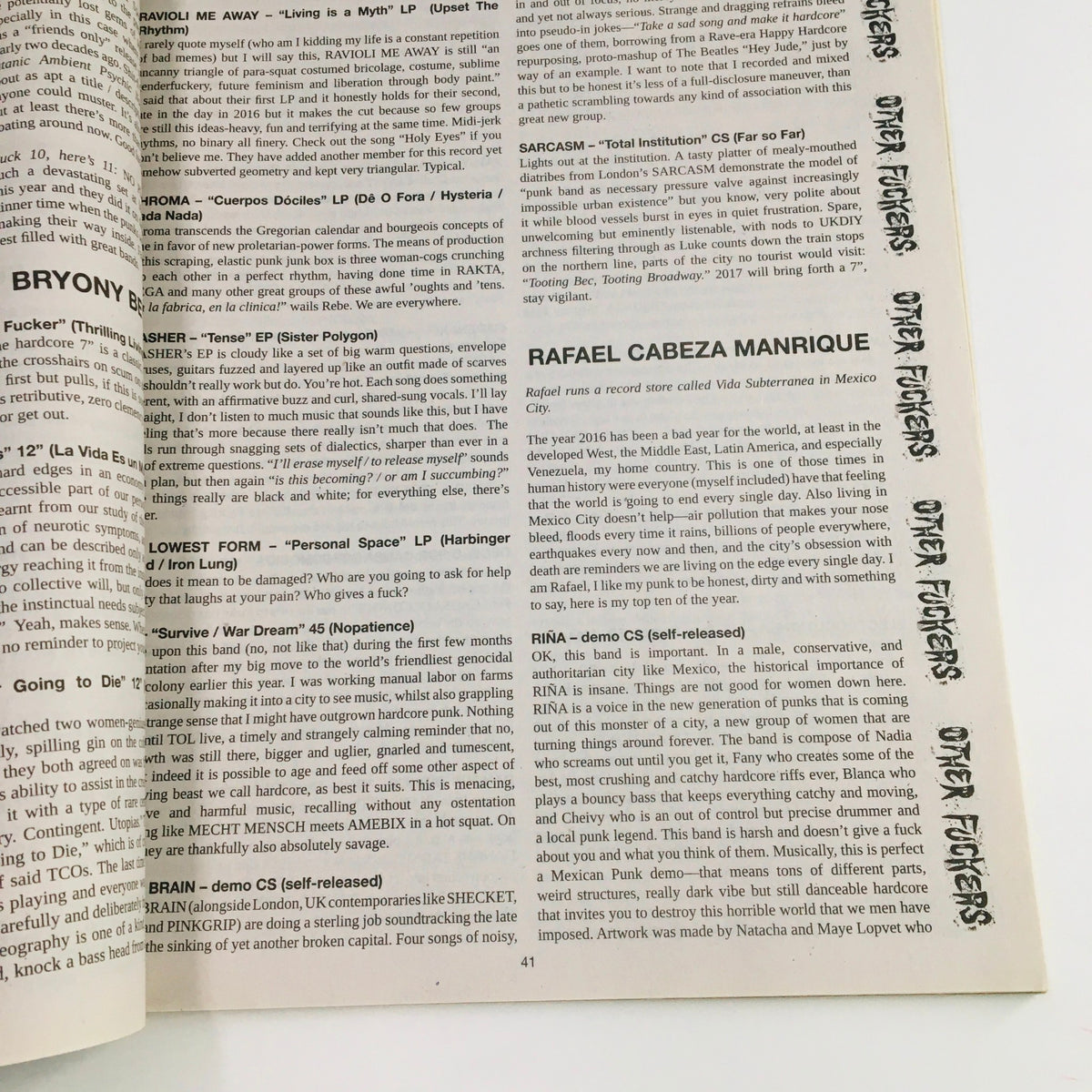 Interior page of Maximum RocknRoll Magazine February 2017 #405, showcasing articles and features on punk music and culture.