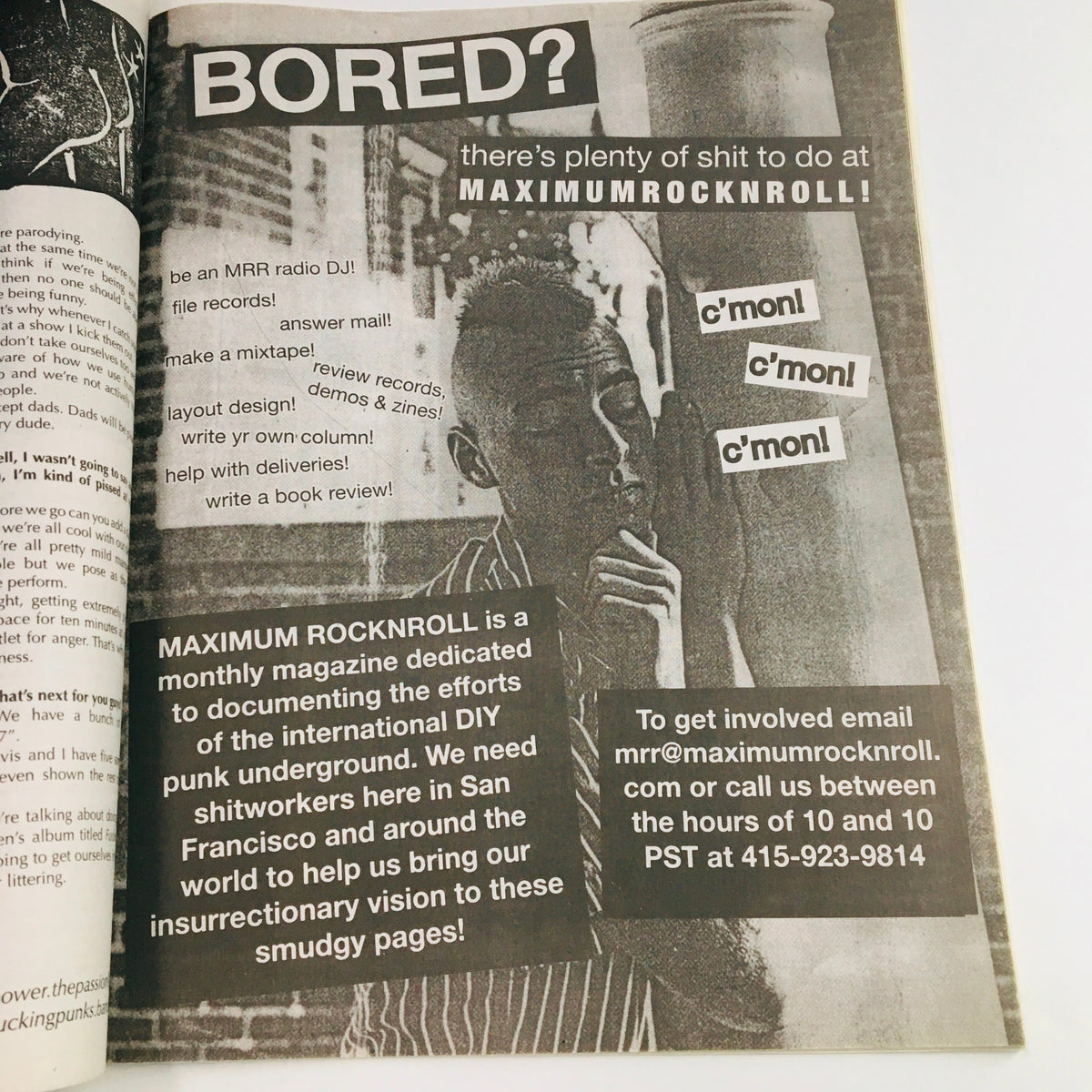 An advertisement page from Maximum RocknRoll Magazine February 2017 #405, inviting readers to engage with the punk community.