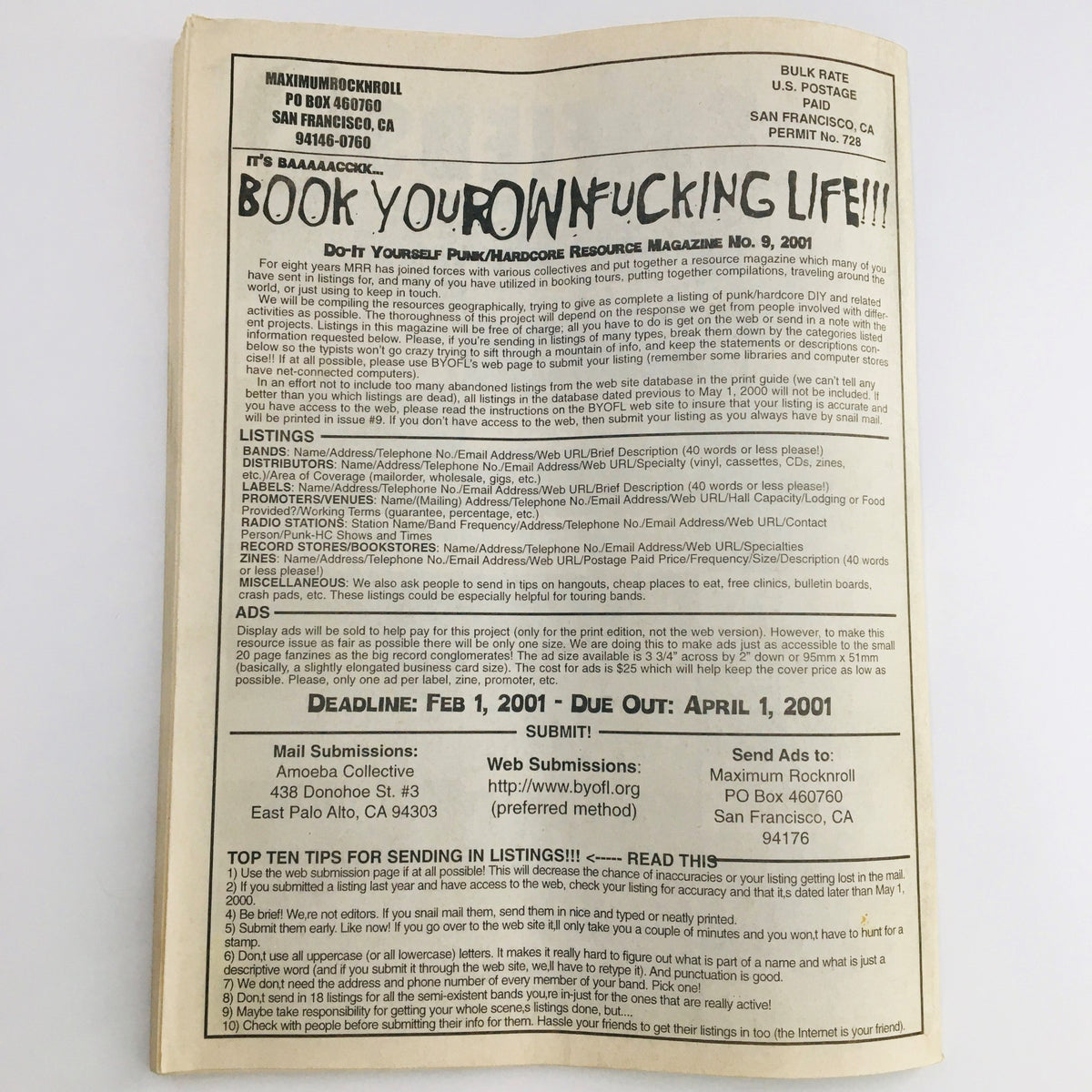 Back cover of Maximum RocknRoll Magazine February 2001 #213, promoting punk resource magazine and upcoming listings.