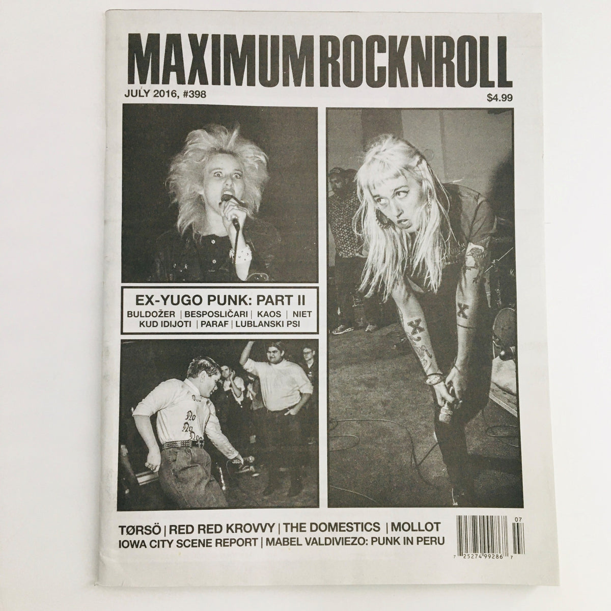 Cover of Maximum RocknRoll Magazine July 2016 #398 featuring Ex-Yugo Punk Part II, showcasing vibrant punk music culture and artists.
