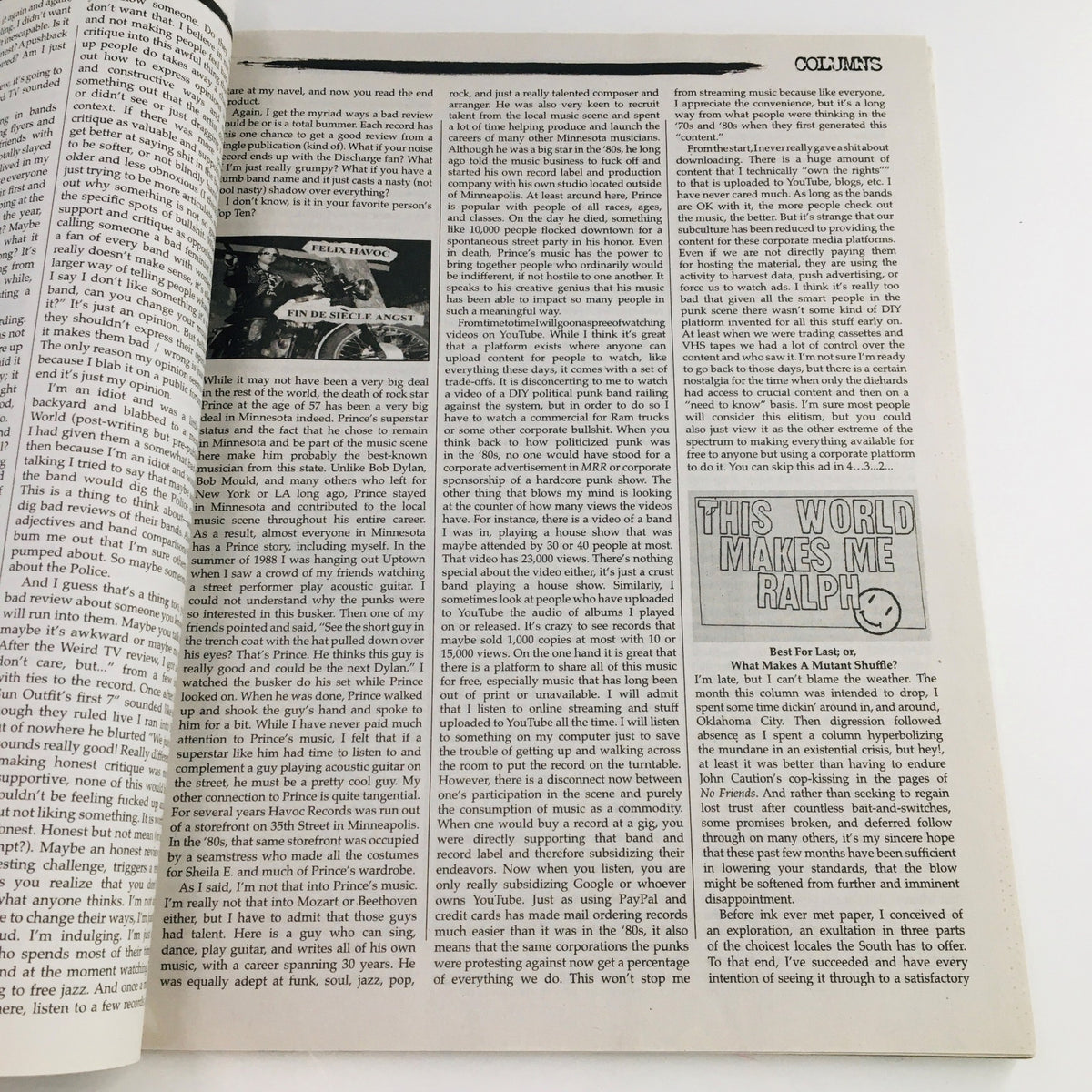 Column page from Maximum RocknRoll Magazine July 2016 #398 discussing punk culture and its influence on music, part of Ex-Yugo Punk special.