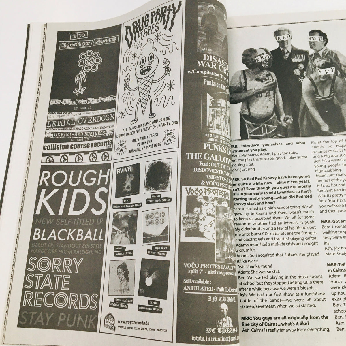 Article page from Maximum RocknRoll Magazine July 2016 #398 featuring punk advertisements, showcasing the scene's promotional culture.