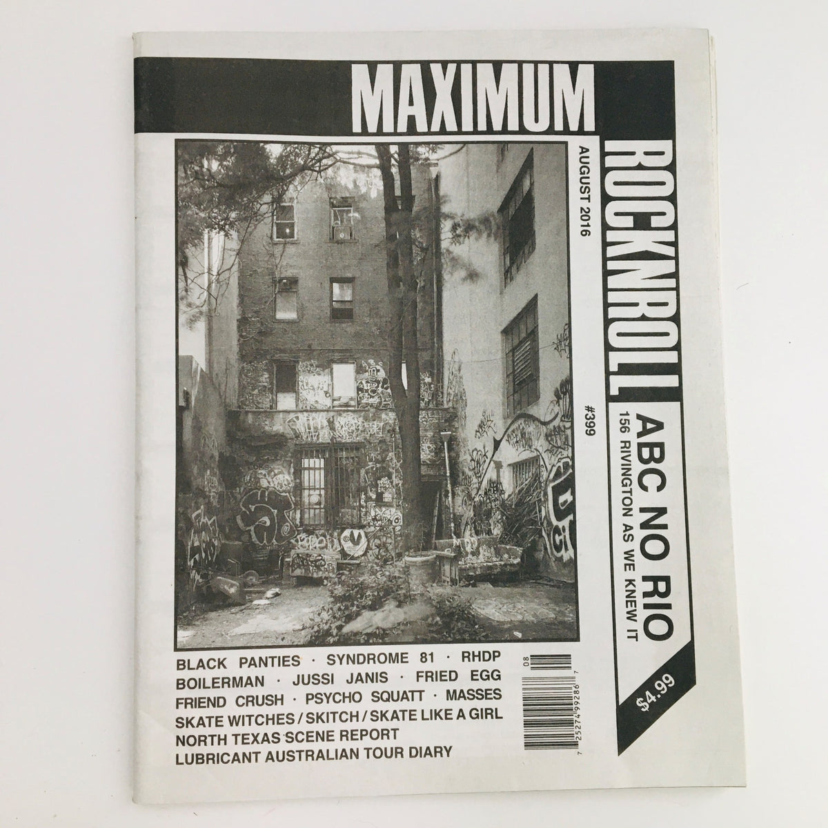 Cover of Maximum RocknRoll Magazine August 2016 #399 featuring graffiti and urban art, highlighting Black Panties and Jussi Janis.