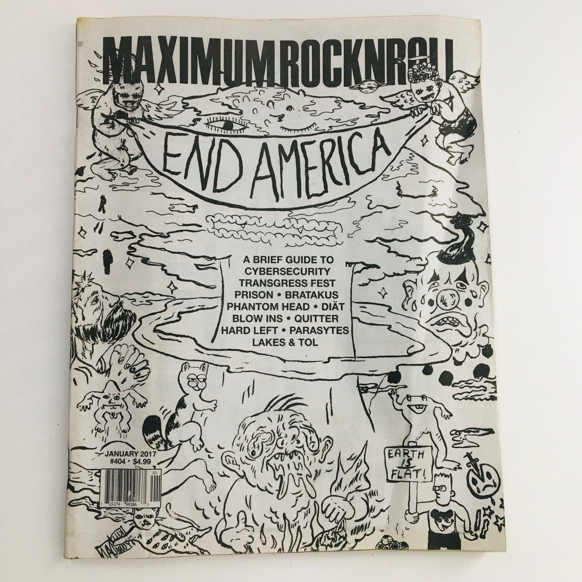 Cover of Maximum RocknRoll Magazine January 2017 #404 featuring Bratakus Phantom Head. The cover displays a graphic illustration with the text 'END AMERICA' and various artistic elements indicative of punk rock culture.