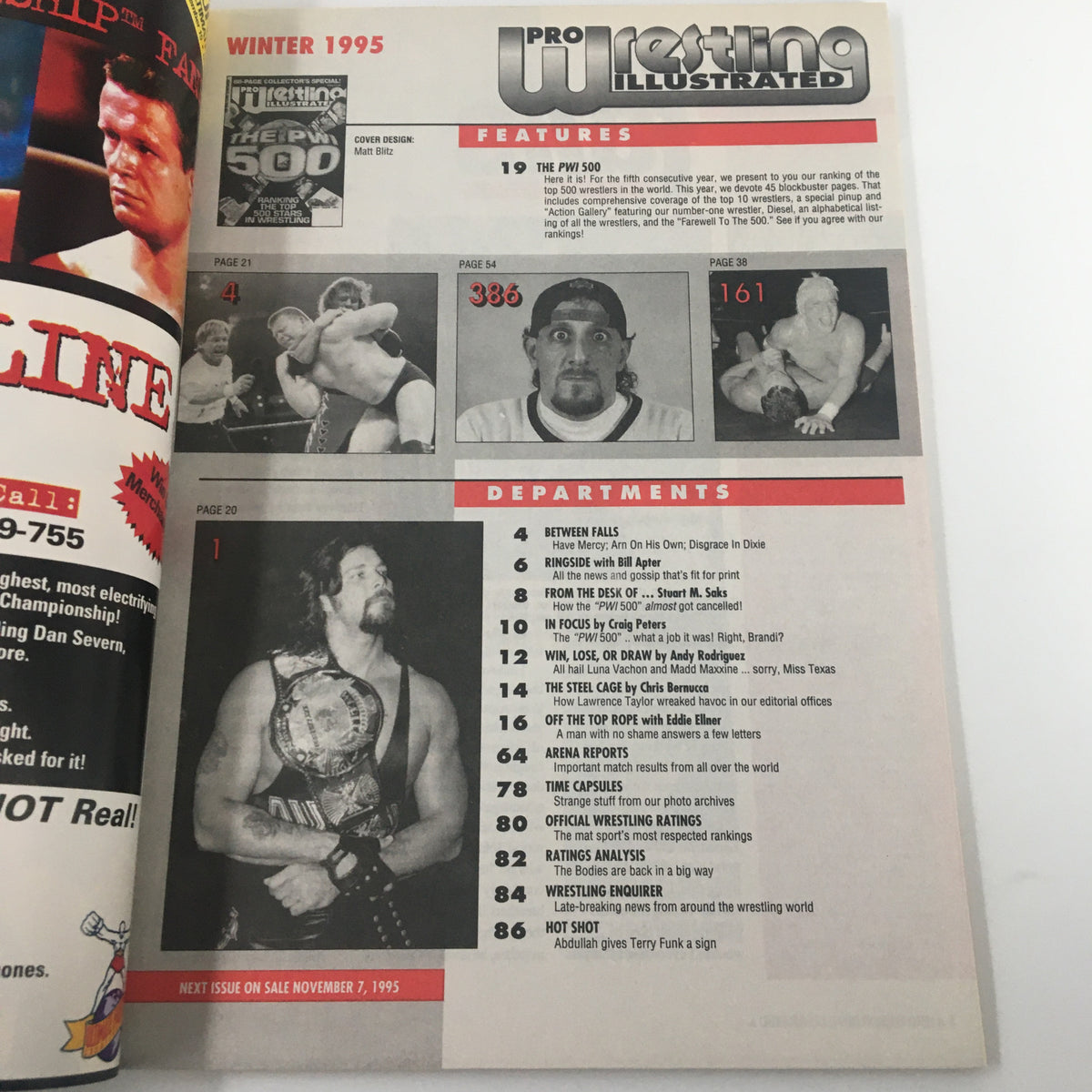 Inside page of Pro Wrestling Illustrated Winter 1995 showcasing the table of contents with features including the PWI 500 rankings.