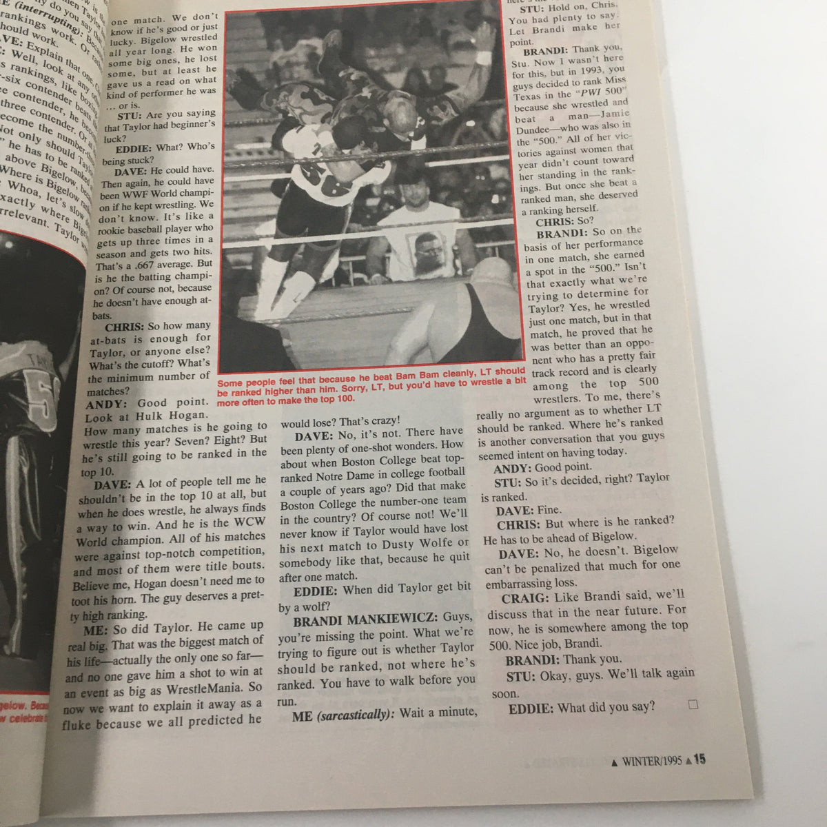 Another inside page of Pro Wrestling Illustrated Winter 1995 displaying a discussion about wrestling rankings and notable matches.