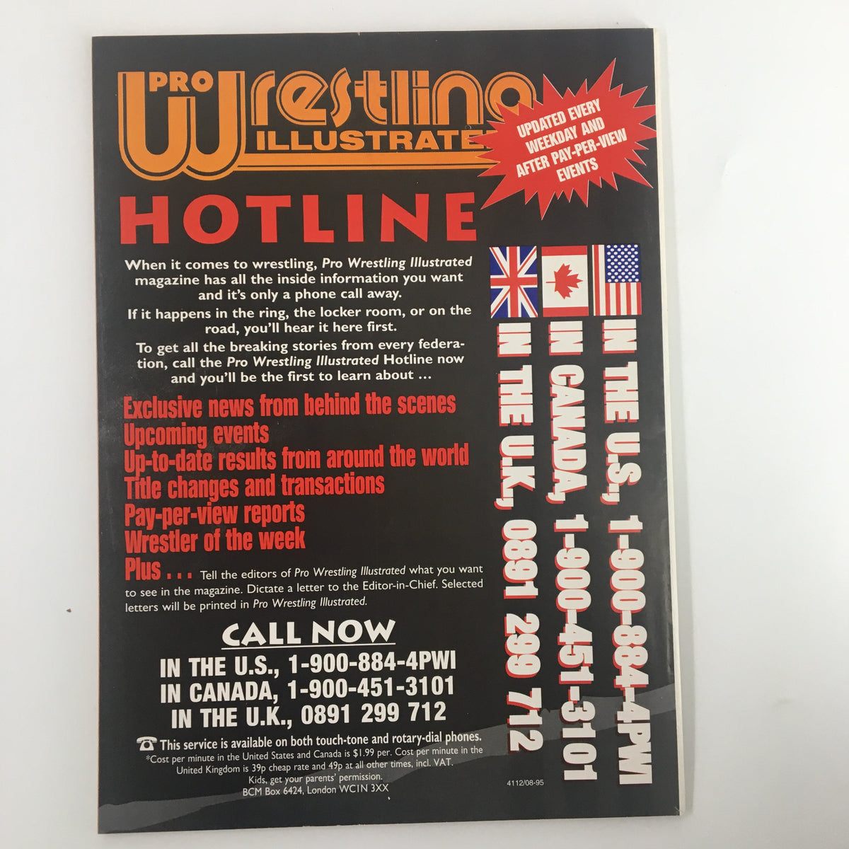 Pro Wrestling Illustrated Winter 1995 hotline advertisement page, highlighting exclusive news, events, and information available to wrestling fans through the magazine.