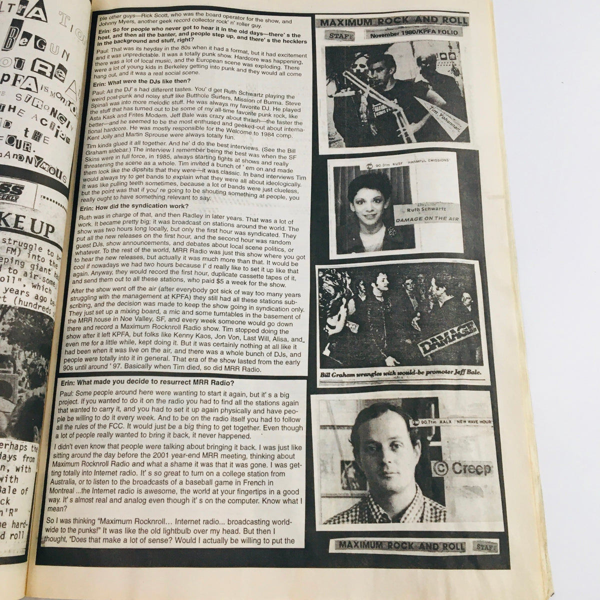 Inside page of Maximum RocknRoll Magazine January 2004 #248 featuring interviews, articles, and photos related to iconic punk bands. Highlights include discussion on resurrecting underground radio and contributions from prominent punk artists.