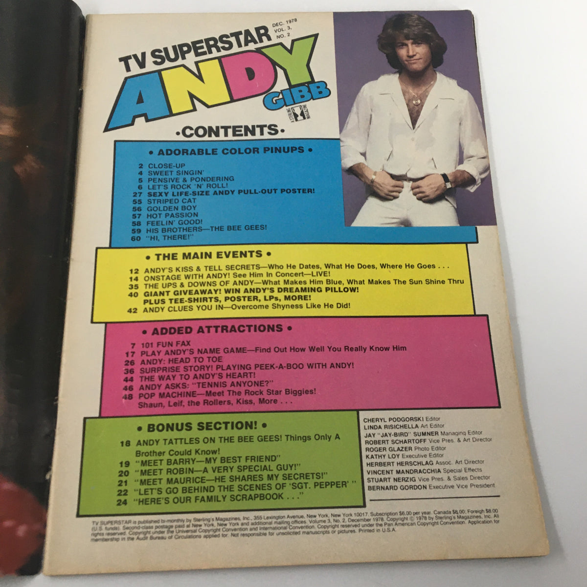 Contents page of VTG TV Superstar Magazine December 1978 highlighting articles about Andy Gibb and the Bee Gees.