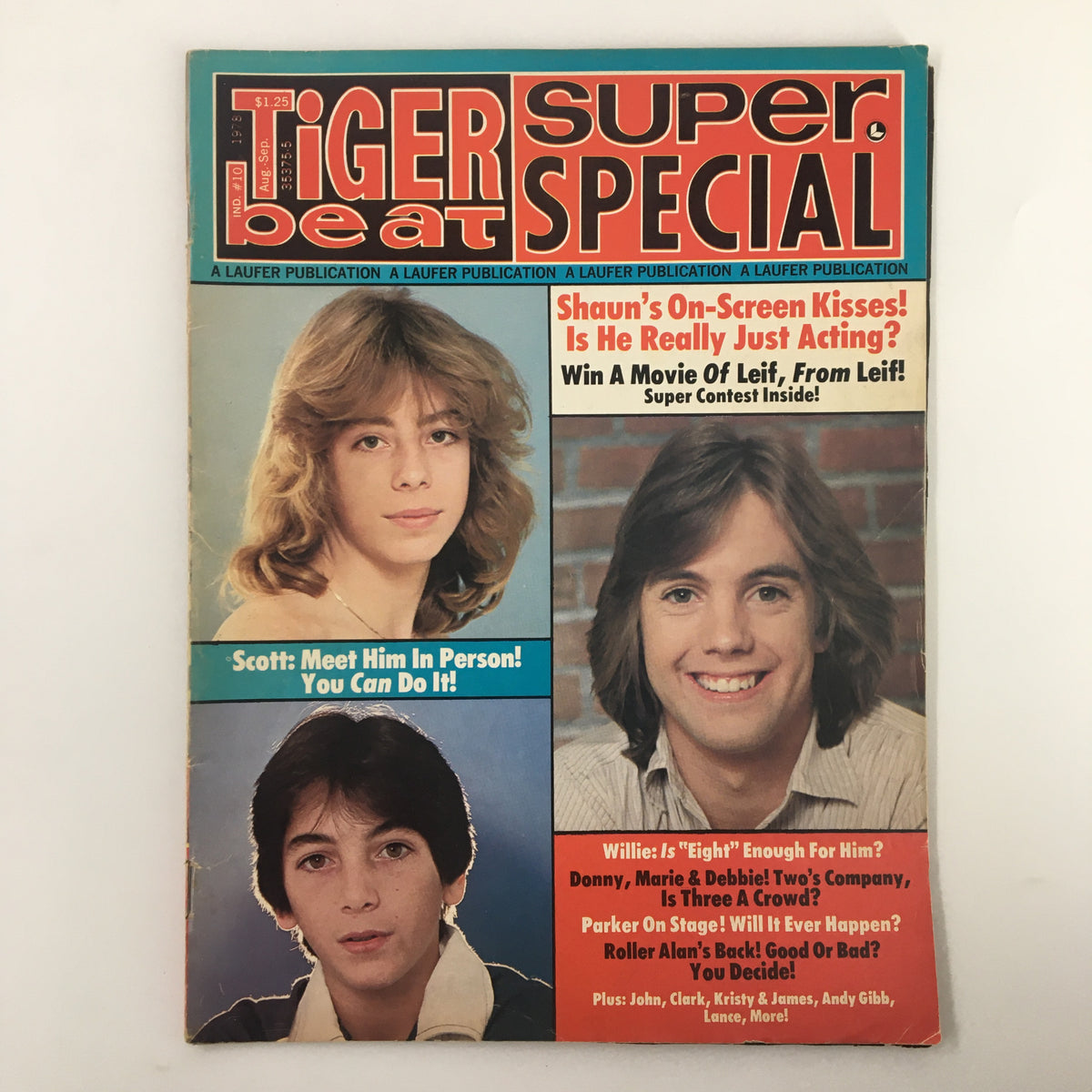 Vintage Tiger Beat Magazine cover from August featuring Shaun Cassidy, Scott, and Willie. This collectible magazine showcases icons of 1970s pop culture and highlights articles about heartthrobs and teen fandom.
