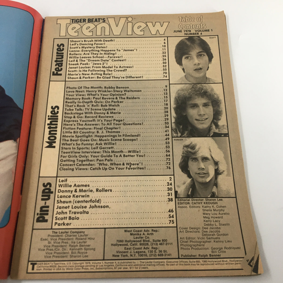 Inside page of VTG Tiger Beat's Teen View Magazine June 1978 showcasing the table of contents. Highlights include features, montly topics, and pin-ups of popular stars from the era.
