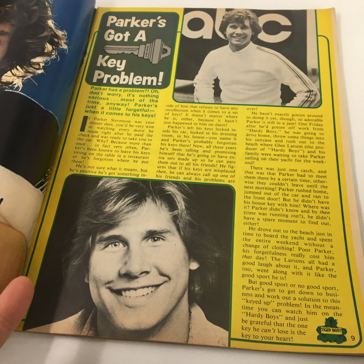Interior page from the VTG Tiger Beat Magazine December 1977, featuring a humorous article titled 'Parker's Got A Key Problem!' with a black-and-white photo of a young man smiling; showcasing the vintage charm and cultural significance of the era.