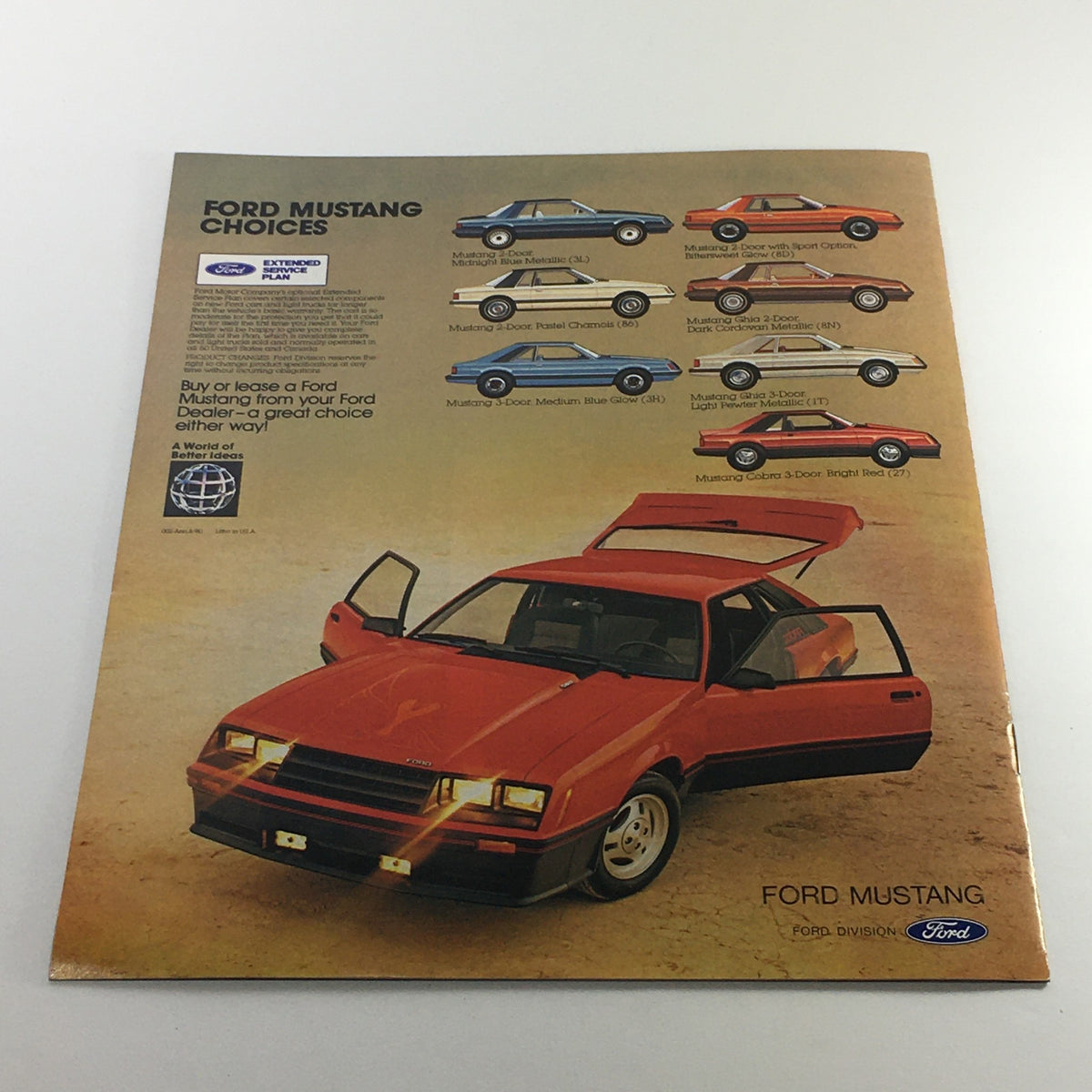 Illustrated page from the 1981 Ford Mustang Sports Car Dealership Car Auto Brochure Catalog presenting various Mustang models and color options available.