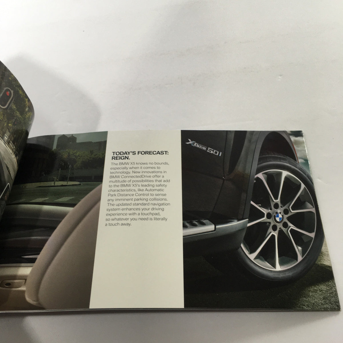 Interior view of the 2014 BMW X-5 focusing on the driver's side with a mention of features in the dealership car auto brochure.
