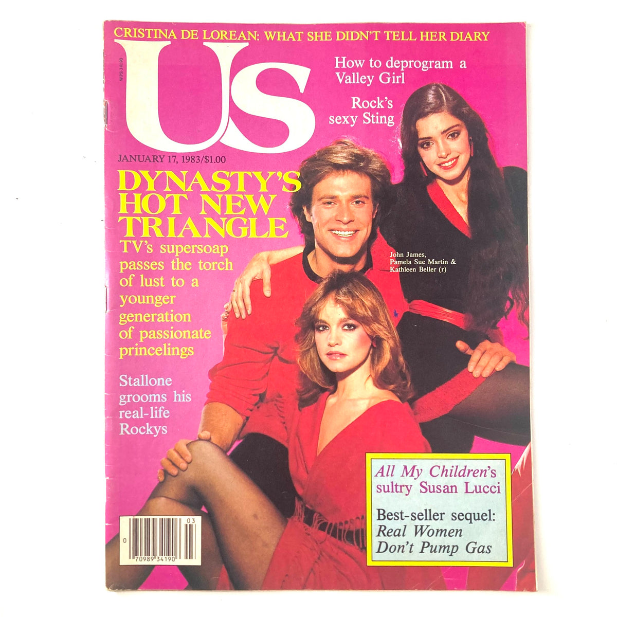 Cover of Us Magazine from January 17, 1983 featuring John James and Pamela Sue Martin, showcasing 'Dynasty's Hot New Triangle' and highlights from early 80s pop culture.