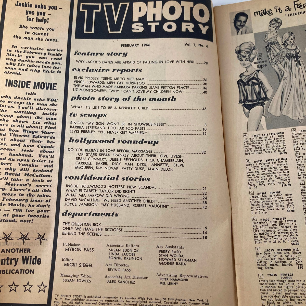 Inside spread of the February 1966 VTG TV Photo Story Magazine, showcasing table of contents and feature stories including Elizabeth Taylor.