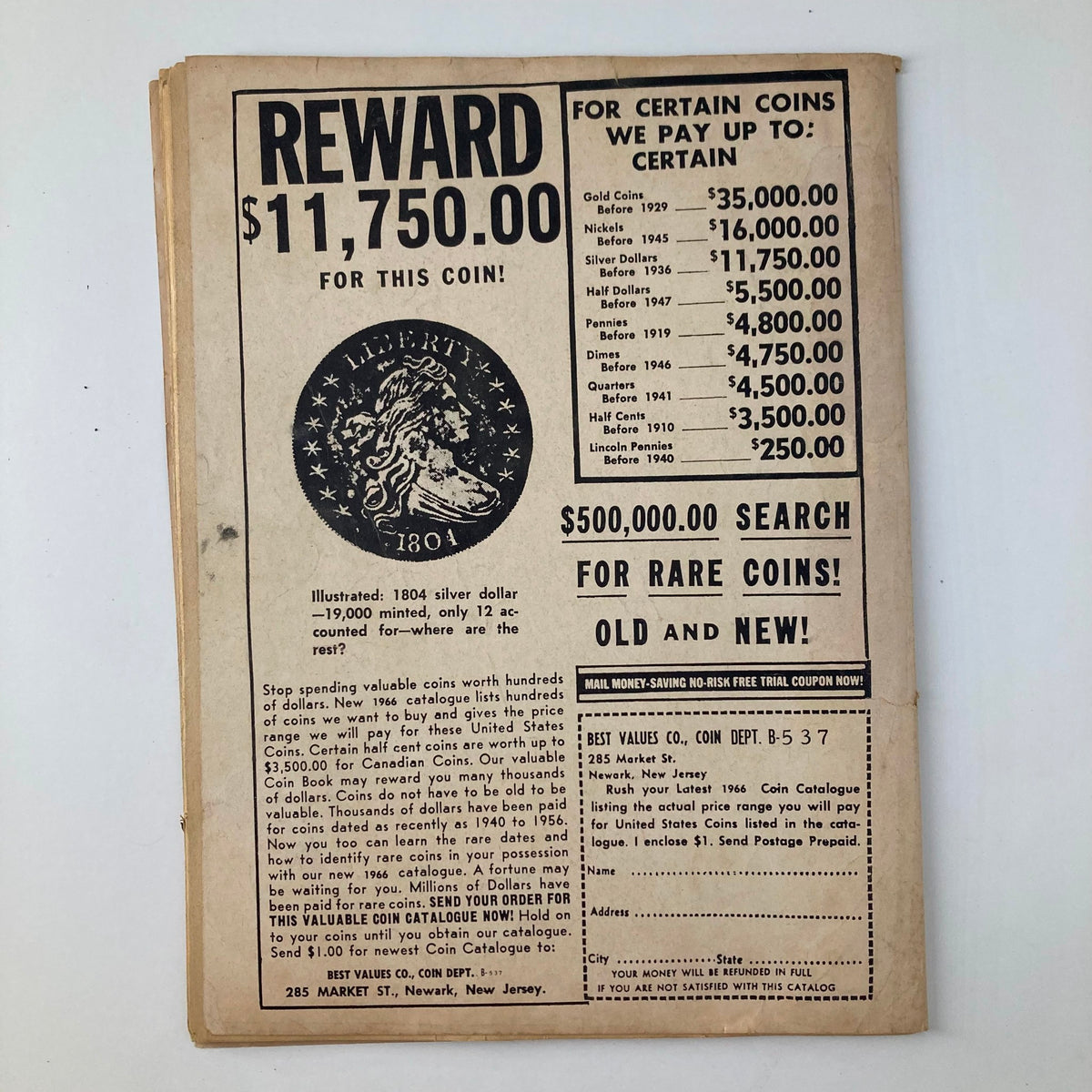 Back cover of VTG TV Photo Story Magazine February 1966 featuring an advertisement for a rare coin reward of $11,750, highlighting vintage collectibles from the 1960s.