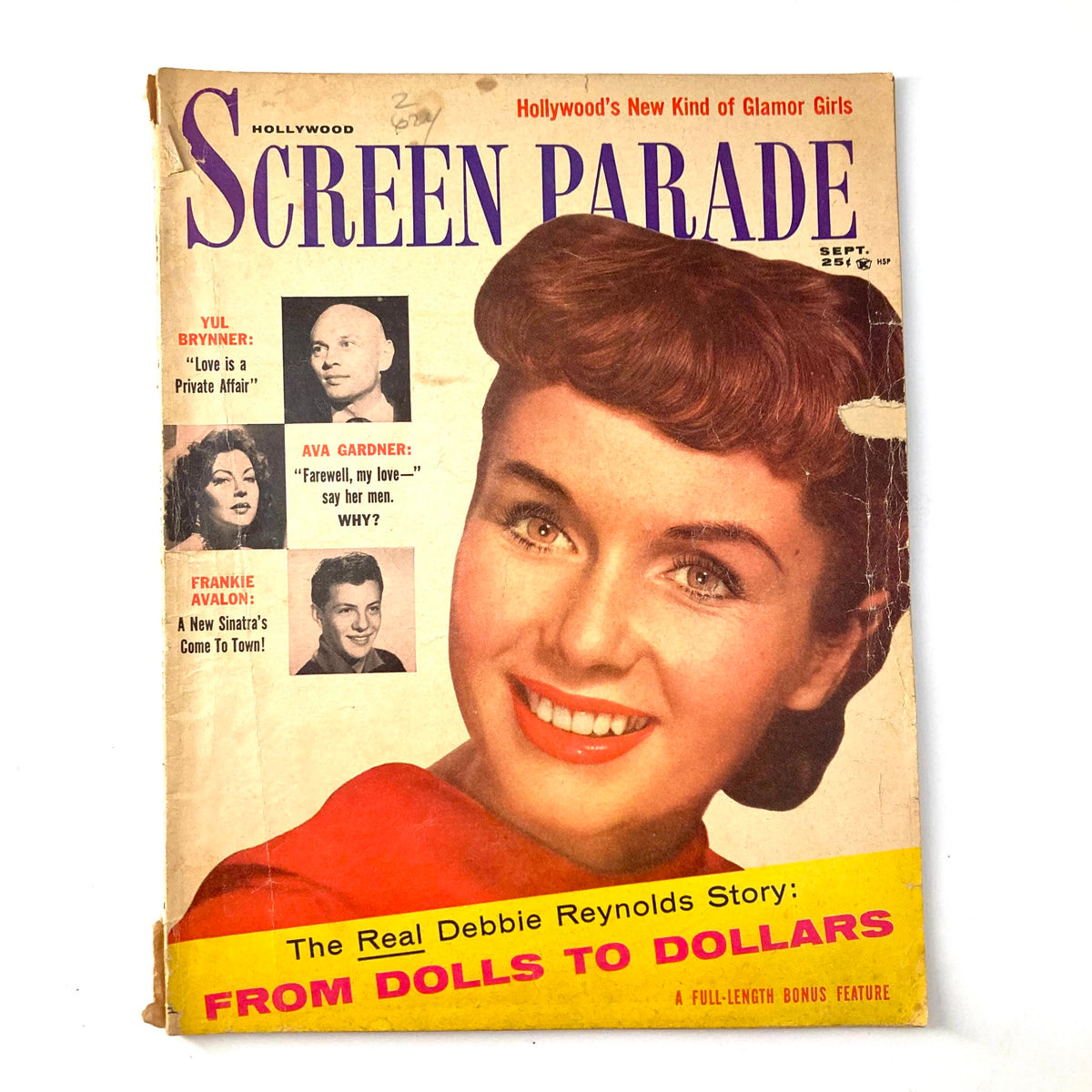 Cover of the Hollywood Screen Parade Magazine from September 1959 featuring Debbie Reynolds. The magazine highlights named stars including Yul Brynner, Ava Gardner, and Frankie Avalon.