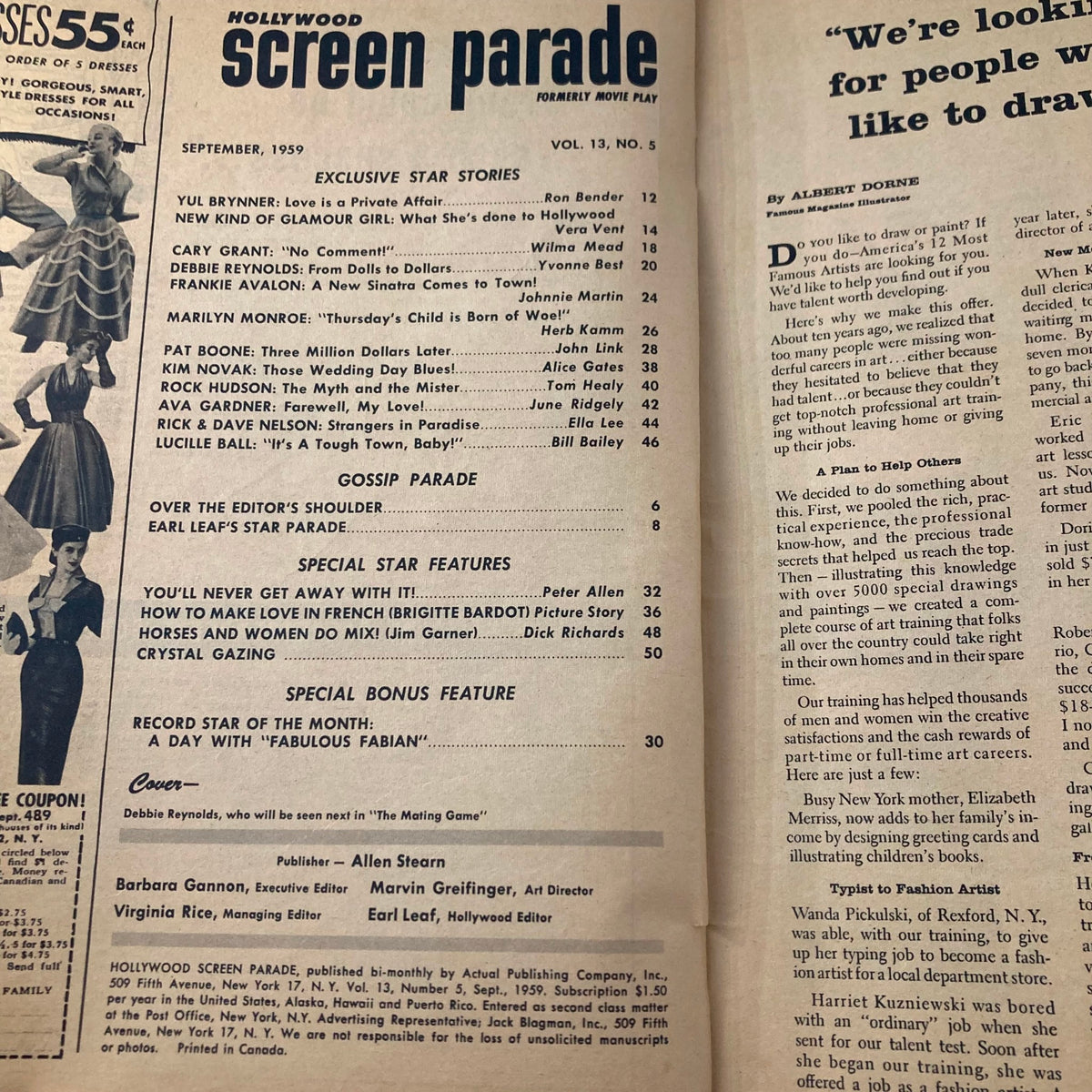 Interior page of the Hollywood Screen Parade Magazine from September 1959, showcasing articles and star stories, including features on Debbie Reynolds and Marilyn Monroe.