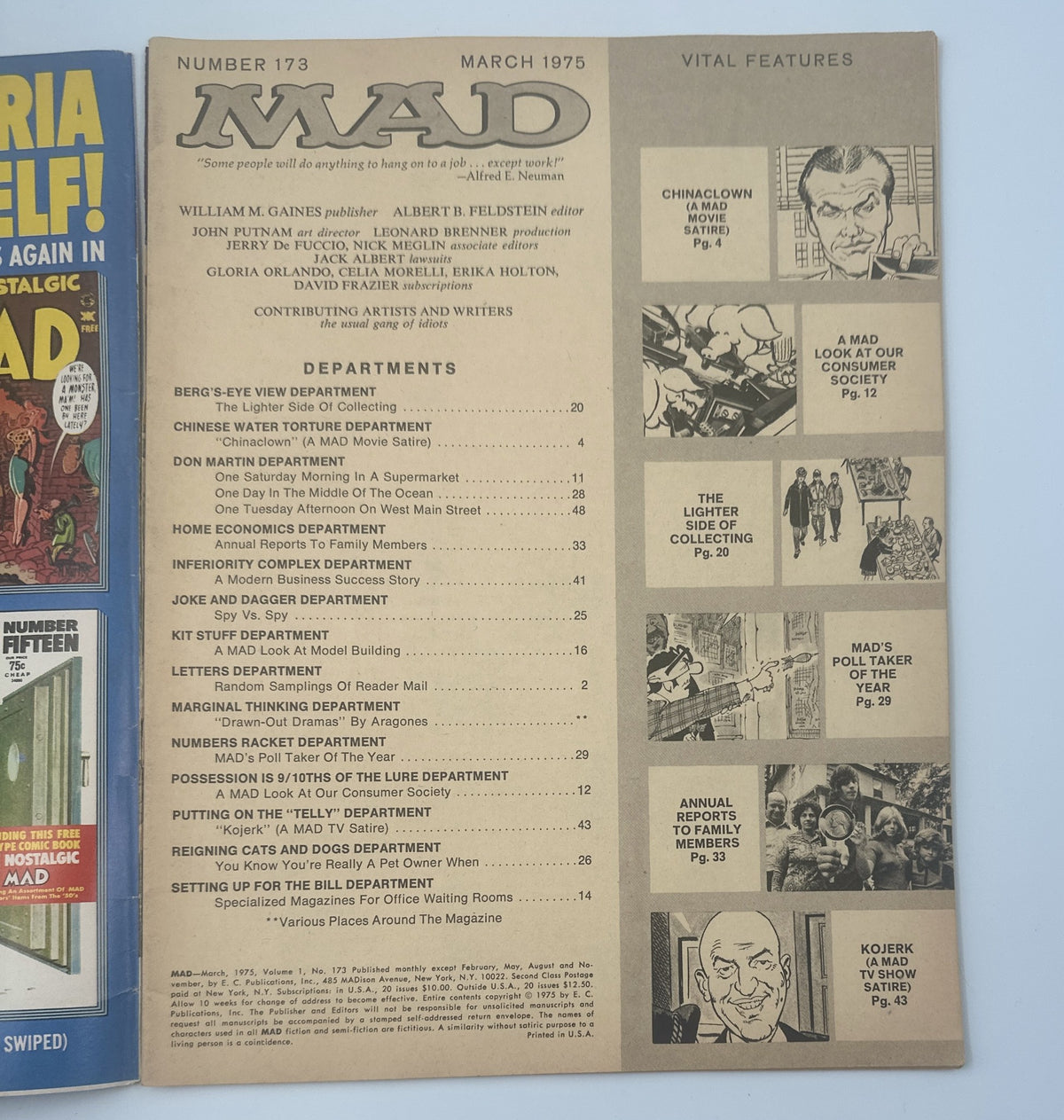 Inside page of MAD Magazine No. 173 from March 1975 showcasing the Table of Contents and various departments, highlighting its comedic content.