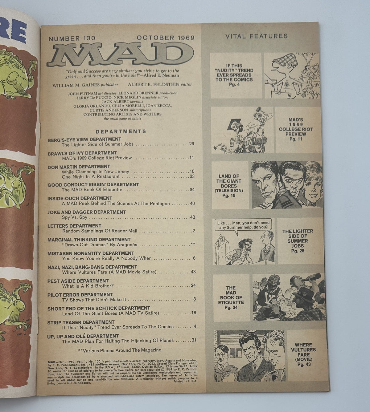 Inside page of MAD Magazine No. 130 from October 1969, showcasing the Table of Contents with various departments including satire on college riots and features like Spy vs Spy, highlighting the magazine's comedic essence.